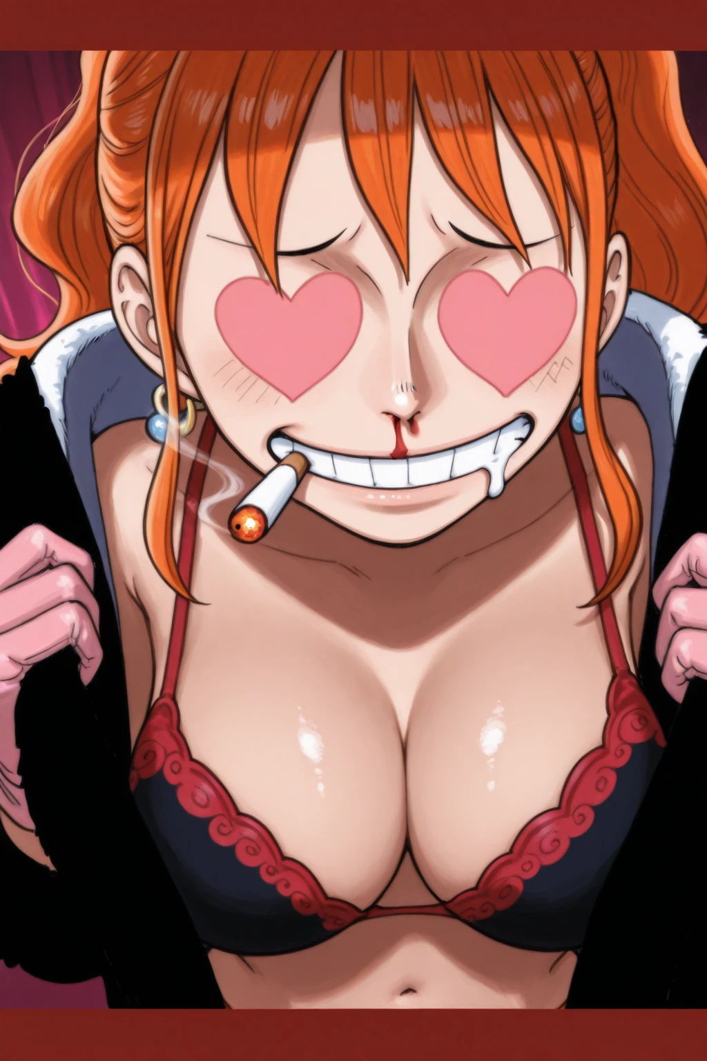 a cartoon picture of a woman in a  top and jeans, nami one piece, nami from one piece, nami, beautiful portrait of nami, from one piece, oppai, blue eyes, smoking, ponytail, 