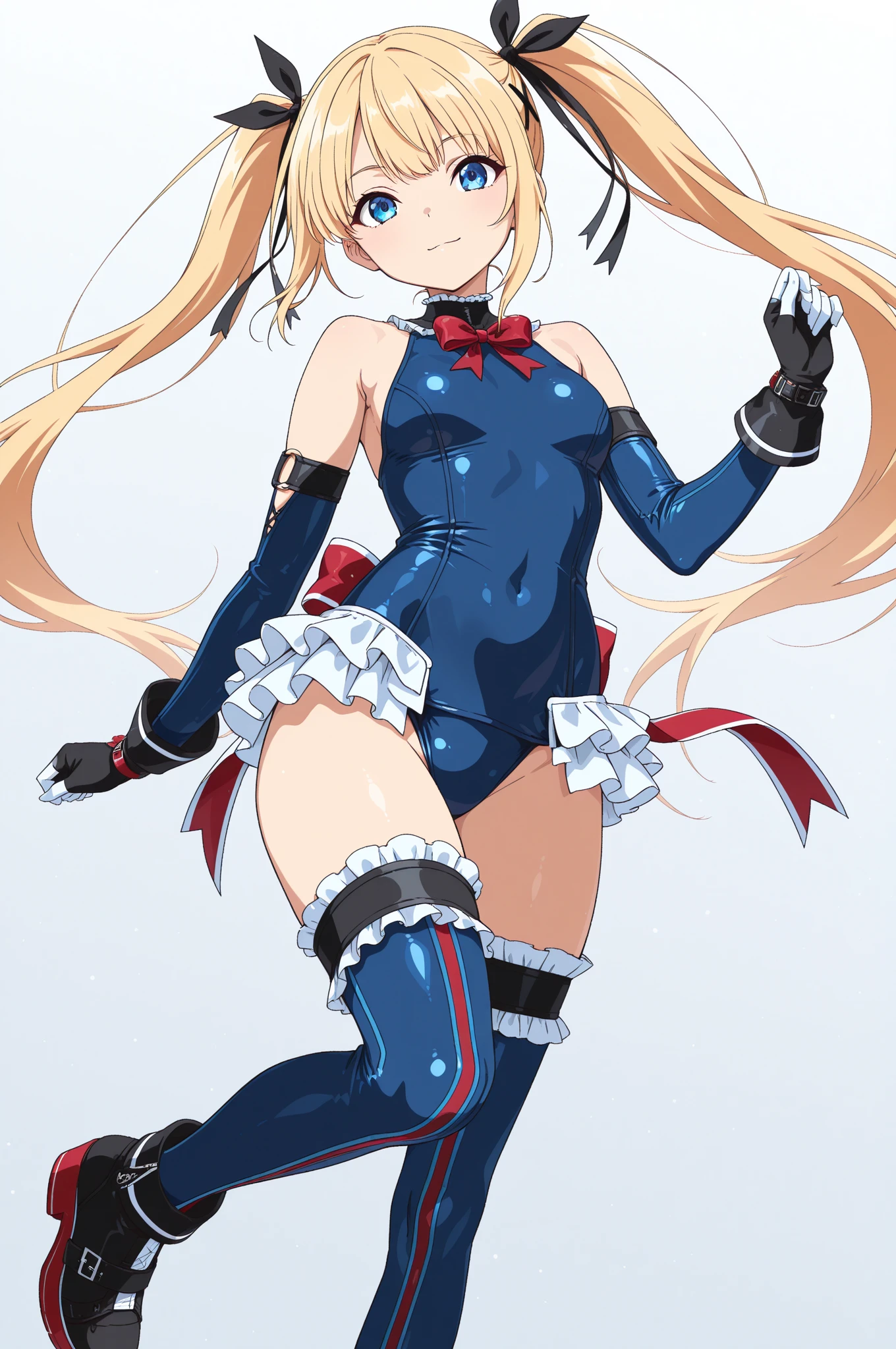 masterpiece, best quality, solo, curvy, beautiful eyes, <lora:MarieRoseIXL_v2:1.0>, zzMarie, blue eyes, blonde hair, hair ornament, hair ribbon, long hair, twintails, very long hair, x hair ornament,  one-piece swimsuit, blue one-piece swimsuit, black ribbon, frilled swimsuit, swimsuit, ribbon, frills, dead or alive, bare shoulders cowboy shot, hand on hip, smug, smile, looking at viewer, shiny skin,<lora:TTitansStyleIXL:1.0>,