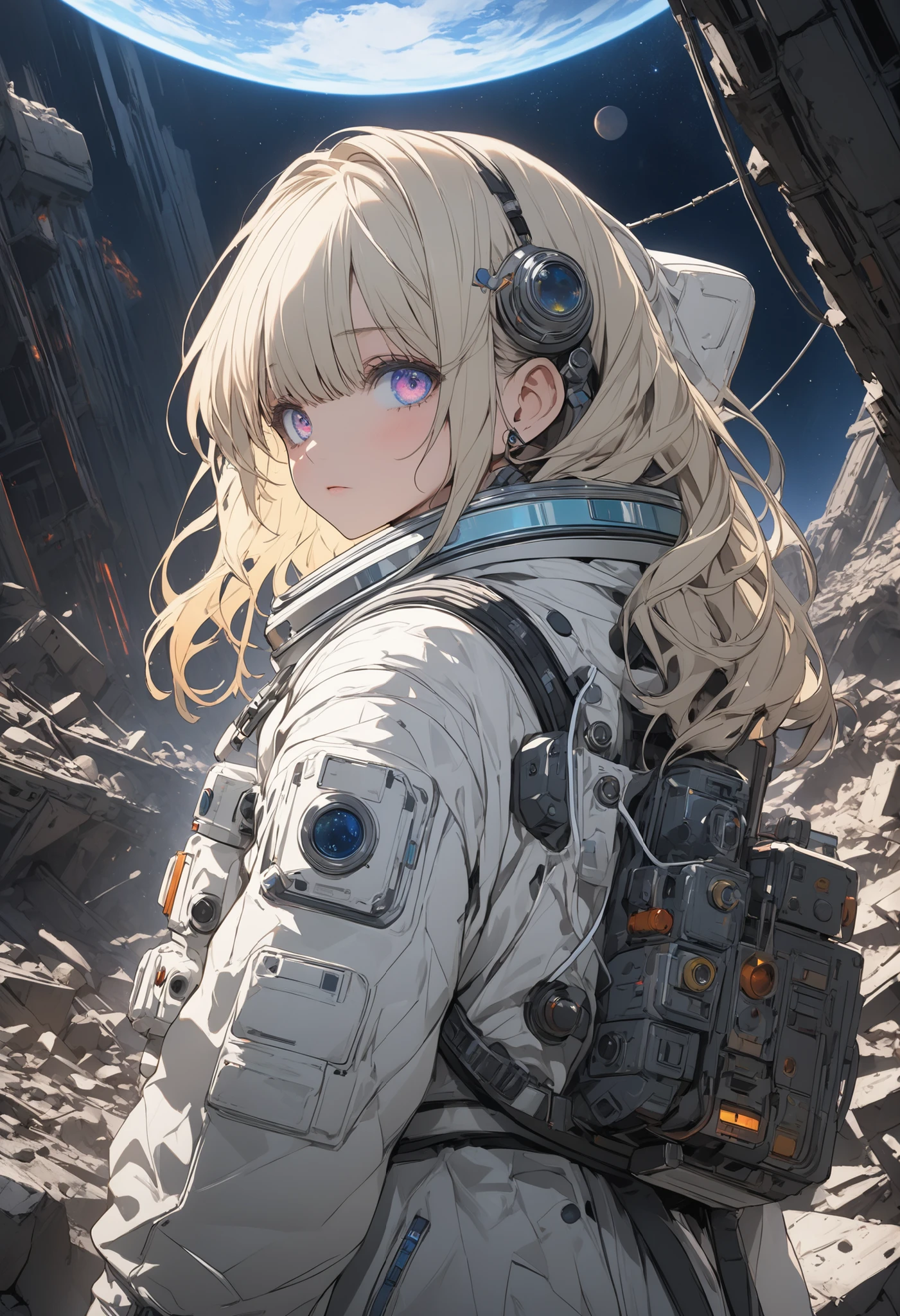 (masterpiece,Highest Quality,ultra detail,超high definition,detailed background),((flat color)),((colorful)),(1girl),watch the viewers,solo,cowboy shot、The Forgotten Star、planet、Daytime、The star where humanity disappeared、Apocalypse Hotel、The Forgotten Earth、The edge of the galaxy、What kind of stories happened on this forgotten planet、moon、🌖、Collapsed civilization、Covering up、Rubble spreads all over、A girl in a spacesuit looking into the distance、What kind of story happened on this forgotten planet、masterpiece,(masterpiece),full body view ,best quality ,(Highest Quality), cinematiclighting ,(cinematic lighting)、beautiful detailed eyes ,eye detail connected to an electric wire,uitra-detailed,(Super Detailed),highresolution, (high definition),8k,8K resolution,official art,(official illustration style),