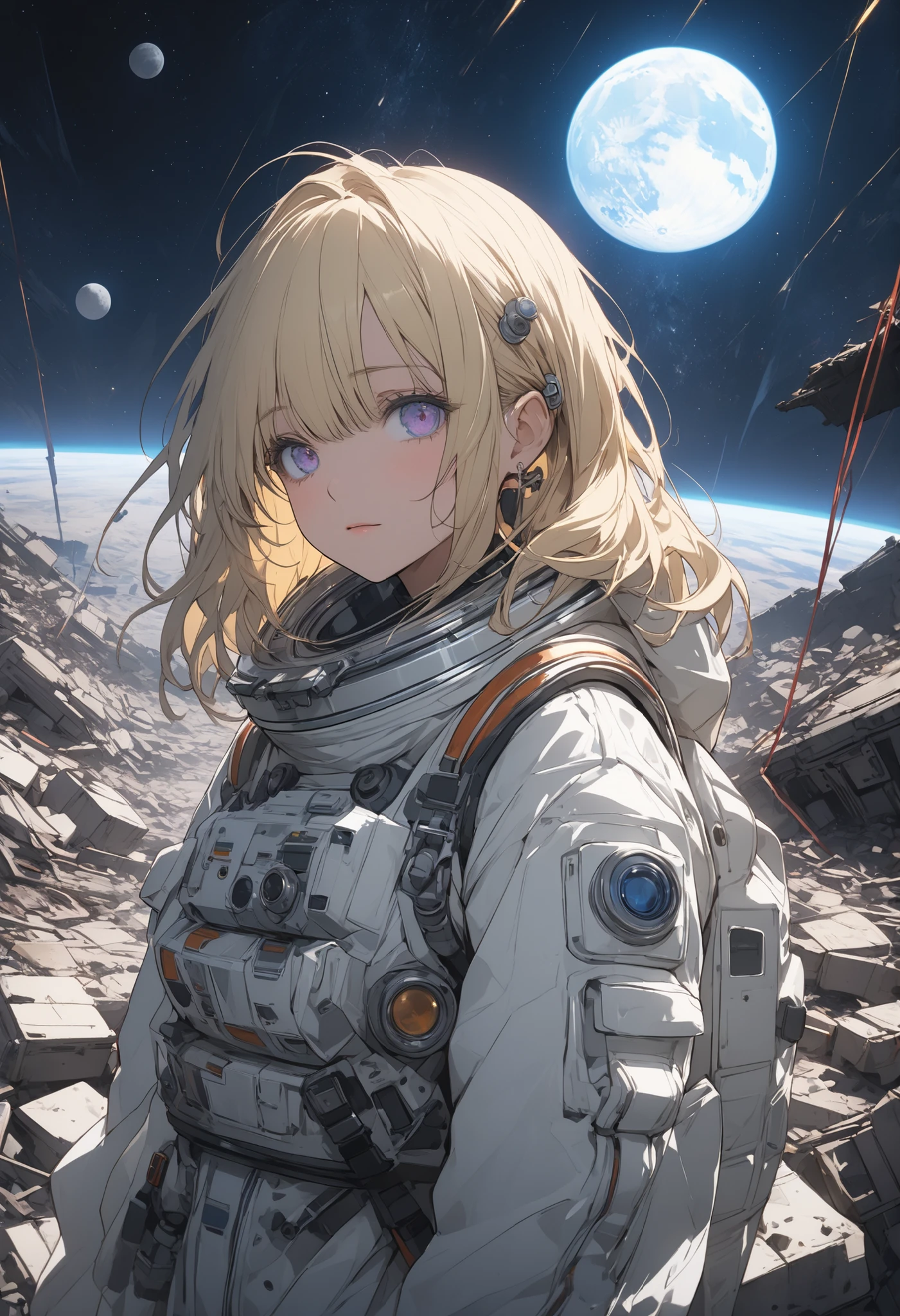 (masterpiece,Highest Quality,ultra detail,超high definition,detailed background),((flat color)),((colorful)),(1girl),watch the viewers,solo,cowboy shot、The Forgotten Star、planet、Daytime、The star where humanity disappeared、Apocalypse Hotel、The Forgotten Earth、The edge of the galaxy、What kind of stories happened on this forgotten planet、moon、🌖、Collapsed civilization、Covering up、Rubble spreads all over、A girl in a spacesuit looking into the distance、What kind of story happened on this forgotten planet、masterpiece，（masterpiece），full body view ,best quality ，（Highest Quality）， cinematiclighting ，（cinematic lighting）、beautiful detailed eyes ，eye detail connected to an electric wire，uitra-detailed，（Super Detailed），highresolution， （high definition），8k，8K resolution，official art，（official illustration style），