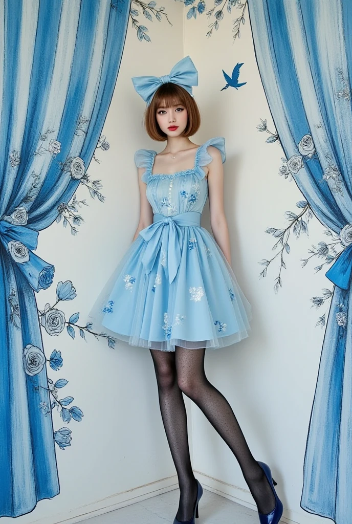 (light blue, Sweet Lolita: 1.2), (flower print: 1.2), (white long sleeves), leather shoes, 1 girl, full body, high heels, (short hair: 1.1), (realistic: 1.7), (best quality)), ridiculous, (ultra high resolution), (realistic: 1.6), realistic, octane rendering, (surreal: 1.2), (realistic face: 1.2), (8k), (4k), (masterpiece), (realistic skin texture), (illustration, movie lighting), (beautiful eyes: 1.2), (perfect face)))), (cute), (standing), (brunette hair), (short hair), dark eyes, red lips, (street),