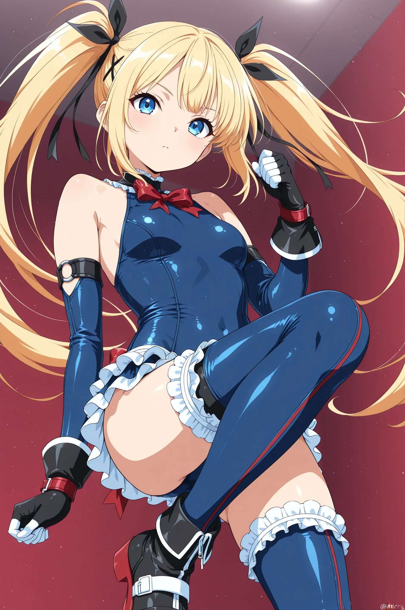 masterpiece, best quality, medium breasts, (curvy),   BREAK, zzMarie, blue eyes, blonde hair, hair ornament, hair ribbon, long hair, twintails, very long hair, x hair ornament, one-piece swimsuit, blue one-piece swimsuit, black ribbon, frilled swimsuit, swimsuit, ribbon, frills, dead or alive, <lora:MarieRose_NAI:1.0>,smile, looking at viewer, cowboy shot,  leaning forward, side view,  <lora:AfrobullNAI:0.8>,