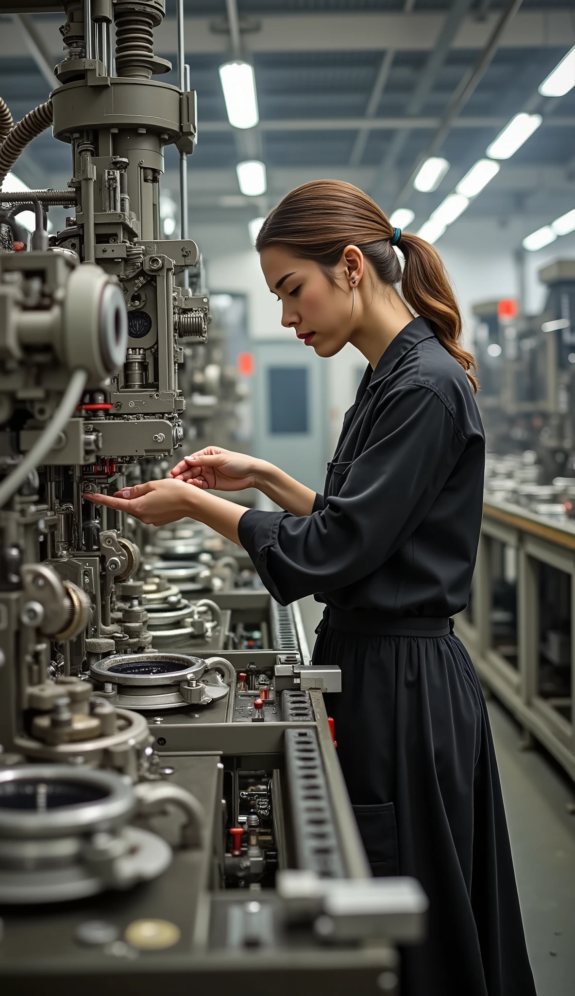Beautiful woman working in a factory. A machine assembly line.