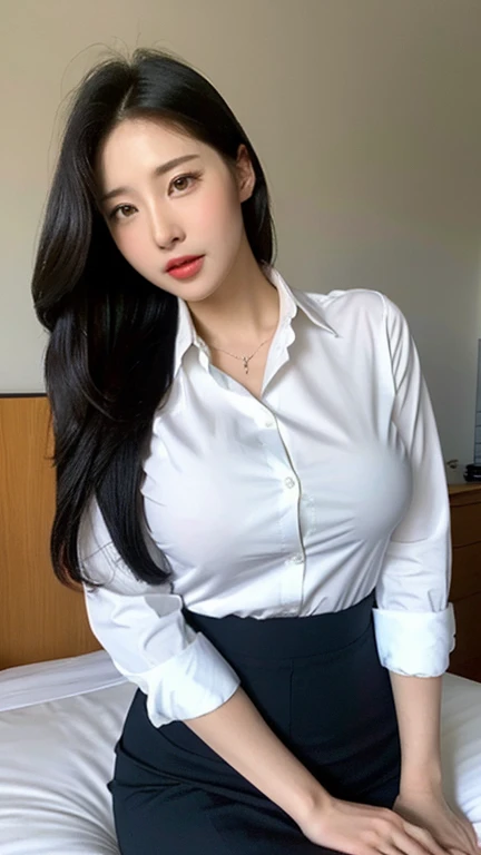 best qualtiy，tmasterpiece，超高分辨率，（真实感：1.4），RAW photogr，cold light，1girll，(Close-up of the upper body，closeup of face), Nice face，(Slim，Raised ????)，ssmile，cabelos preto e longos，hair adornments，(slender leg，Cross ed leg), (White color blouse，Pink pleated skirt)，Beautiful teenage girl，Beautiful goddess，Detailed scenes, Picturesque, Beautiful teenage girl，Beautiful goddess，Detailed scenes, Beautiful digital illustration, the detail，Hyper-detailed, Cinematic quality, (Beauty and aesthetics，??????????? beautiful)