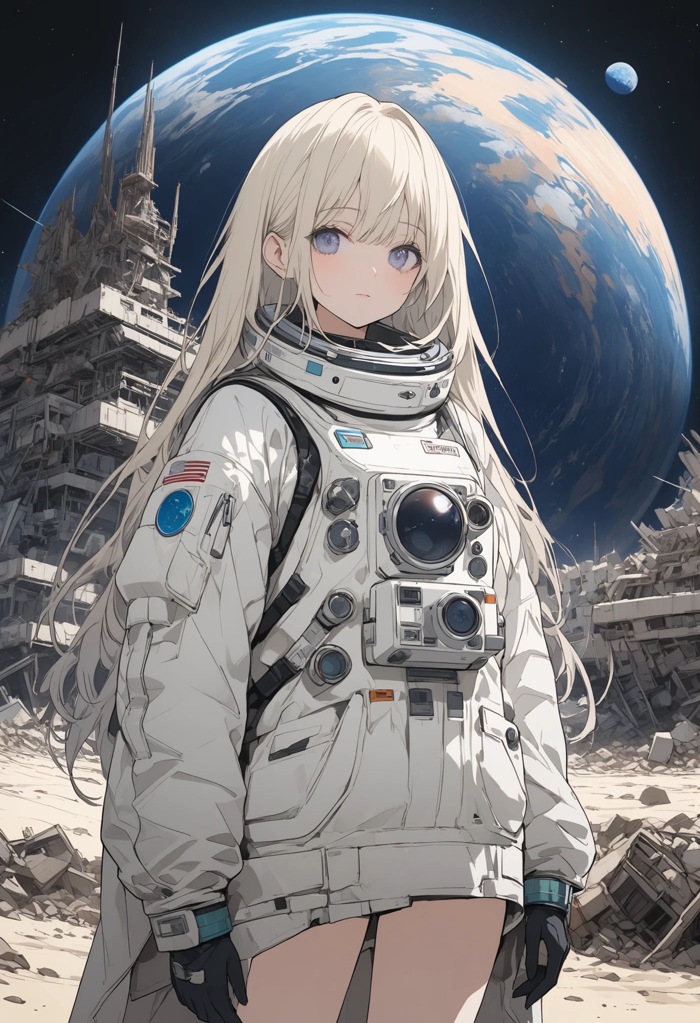 (masterpiece,Highest Quality,ultra detail,ultra high definition,detailed background),((flat color)),((colorful)),(1girl),watch the viewers,solo,cowboy shot、The Forgotten Star、planet、Daytime、The star where humanity disappeared、Apocalypse Hotel、The Forgotten Earth、The edge of the galaxy、What kind of stories happened on this forgotten planet、moon、🌖、Collapsed civilization、Covering up、Rubble spreads all over、A girl in a spacesuit looking into the distance、What kind of story happened on this forgotten planet、Ruined Civilizations、Remains of a huge building、A city buried in sand、A decaying spaceport、Desolate Earth、A stopped machine、A satellite or man-made object that lost its motion、It's always daytime、A strangely colored aurora