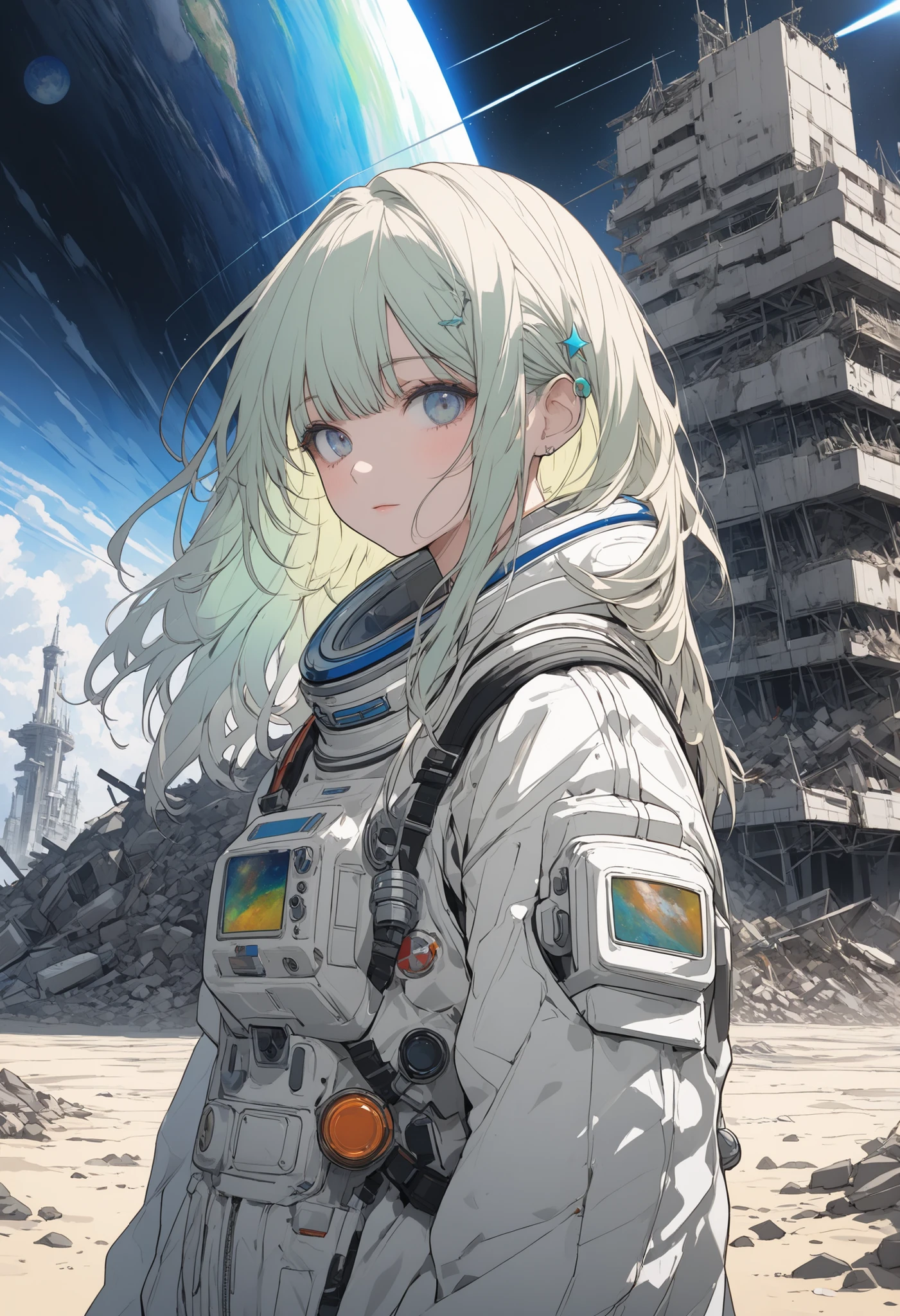 (masterpiece,Highest Quality,ultra detail,ultra high definition,detailed background),((flat color)),((colorful)),(1girl),watch the viewers,solo,cowboy shot、The Forgotten Star、planet、Daytime、The star where humanity disappeared、Apocalypse Hotel、The Forgotten Earth、The edge of the galaxy、What kind of story happened on this forgotten planet、moon、🌖、Collapsed civilization、Covering up、Rubble spreads all over、A girl in it、A girl in a spacesuit looking into the distance、Ruined Civilizations、Remains of a huge building、A city buried in sand、A decaying spaceport、Desolate Earth、A stopped machine、A satellite or man-made object that lost its motion、It's always daytime、A strangely colored aurora