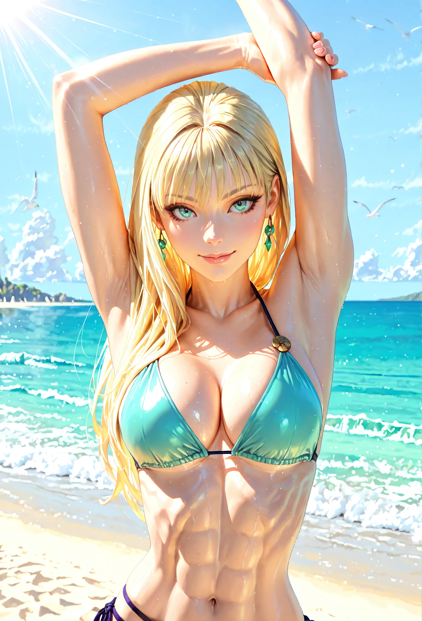 Please follow all prompts below exactly and faithfully. This is a breathtaking masterpiece of digital illustration, with maximum resolution, UHD, 512K, 2160p, 10 million ppi, 300 million dpi, natural color tones, ultra sharp details, perfect outlines with contrast, most realistic skin and hair textures, most beautiful detailed eye features, perfect anatomically correct human body, beautiful background with depth, rule of thirds, depth of field, Maximize all element is used to its full potential to create the best digital illustrations, looking back, , 1woman, sexy:1.5, beautiful face sharp, elegant woman, perfect body style, slender, beautiful big breasts, green eyes, blonde hair, hair over one eye, short hair, glossy very thick lips:0.7, pink lipstick:0.7, smile, (bikini:1.5),neckless:1.5, earring, bracelet, (on the beach:1.5),
