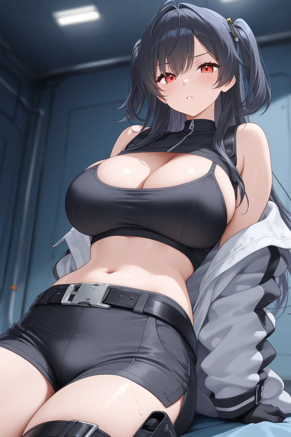 An adult woman, half wolf and dragon, black hair, black wolf ears, black dragon tail, blue eyes, has a collar with a little golden heart, very shy, has a ???? body, ?????????????, standing and wears a ?????? without ????????????? top