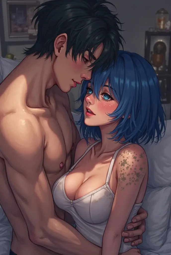 ( Shark, furry, anthropomorphic, blue skin, whole body, Best quality, human like body figure), female, bedroom background, inside, wearing thin revealing black panties, wearing thin revealing black bra, pulling up shirt, Furry art, furry arms, big grey shark tail, Big floofy tail, black fur legs, Noon, blue hair, wearing glasses, Bigger thighs, Bigger ?????, blushed, gas air effect, hearts, sitting on lap, leaning down, hand in shorts, pleasure face, (Wolf, furry, anthropomorphic, Black fur, whole body, Best quality, human like body figure), male, wearing black jeans, Furry art, furry arms, big Floofy tail, black fur legs, black hair, 1 hand on front of females ?????, 1 hand between females legs, sfw, 