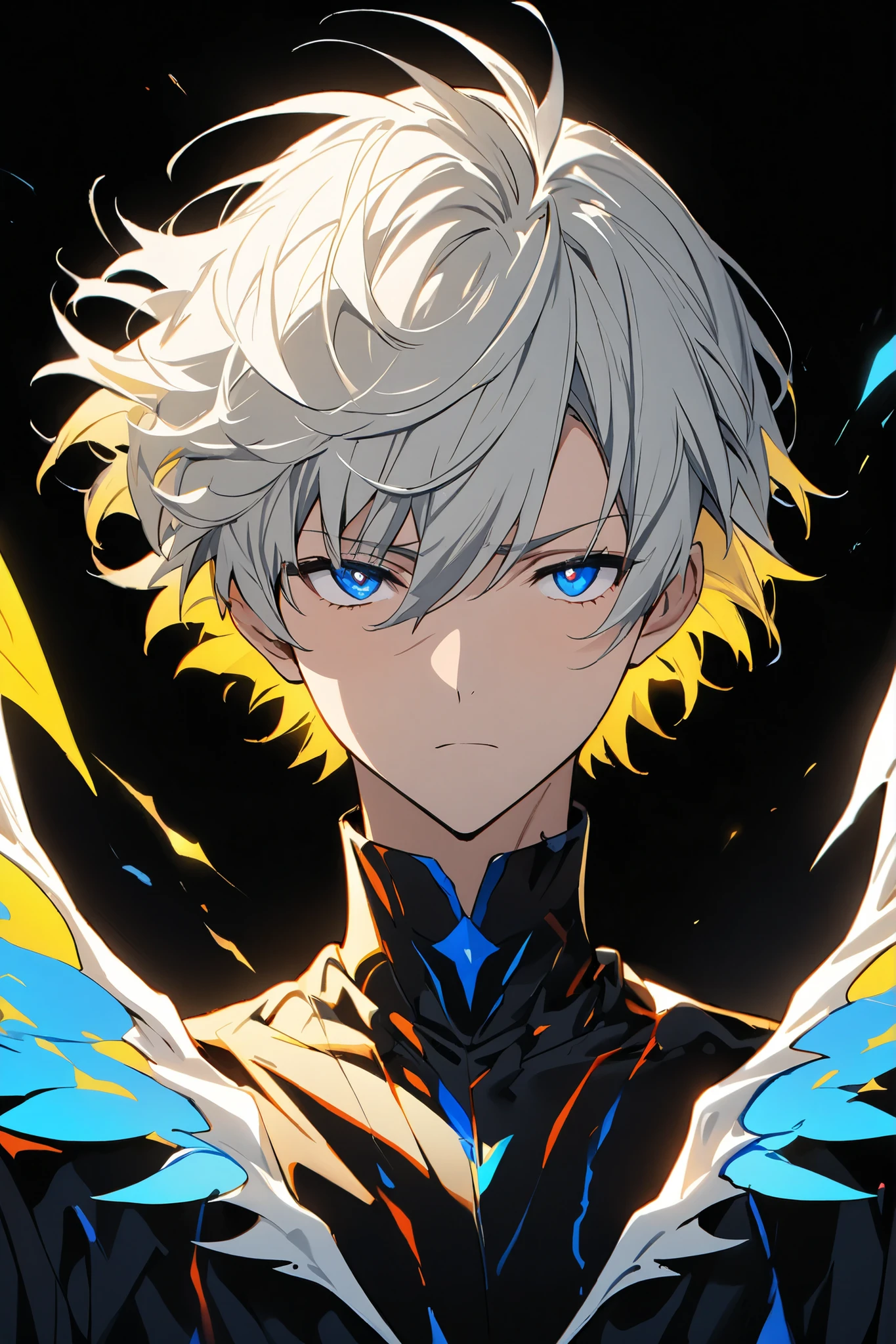 [(BLACK BACKGROUND:1.5),::5], ((masterpiece)), high quality, ultra very high resolution, full color, ((solo)), ((adult male)), ((men's white Short hair), (inner yellow hair), (blue eye.), anime, (upper body), (Wings EFFECT:1)