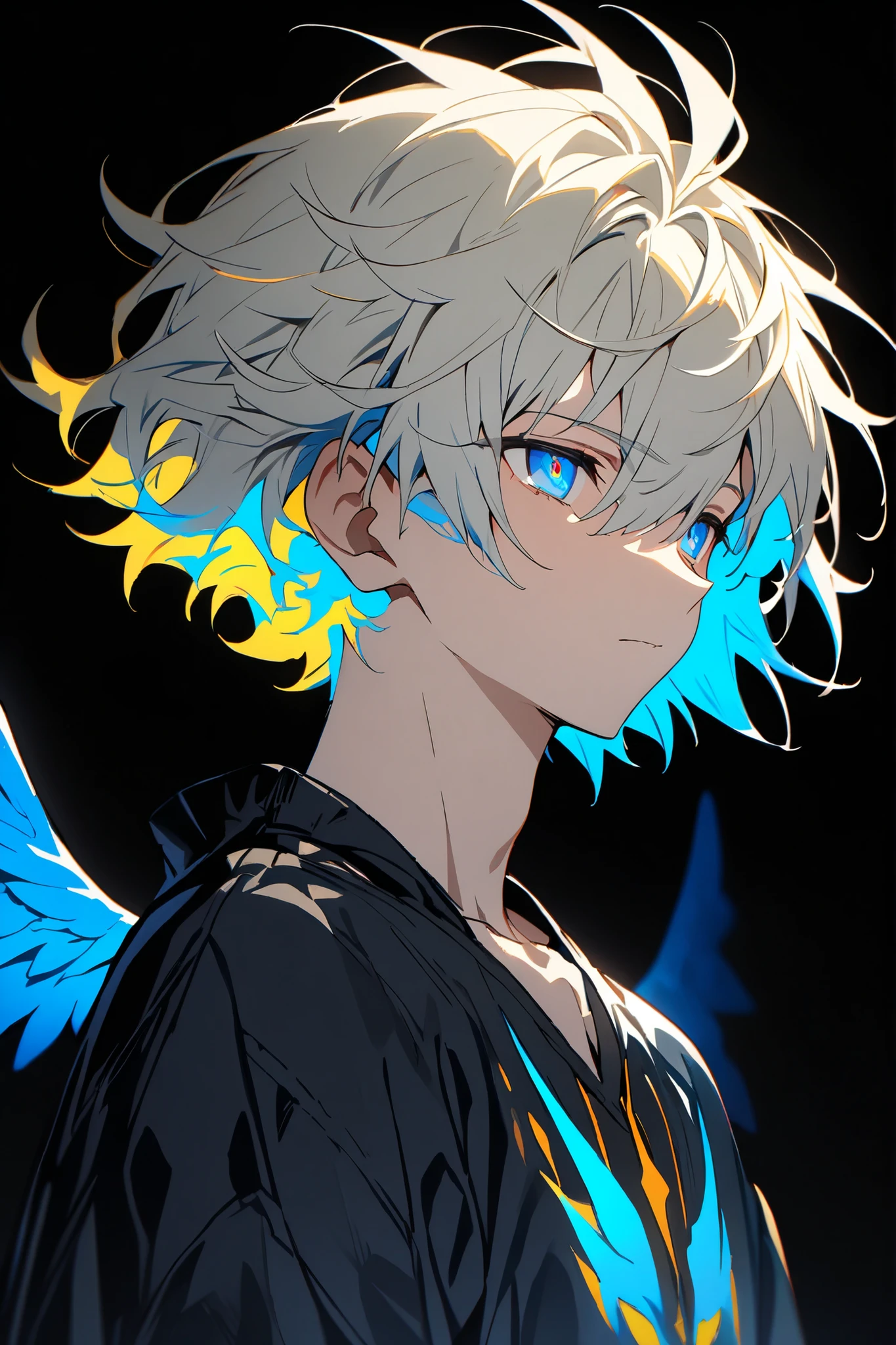 [(BLACK BACKGROUND:1.5),::5], ((masterpiece)), high quality, ultra very high resolution, full color, ((solo)), ((adult male)), ((men's white Short hair), (inner yellow hair), (blue eye.), anime, (upper body), (Wings EFFECT:1)