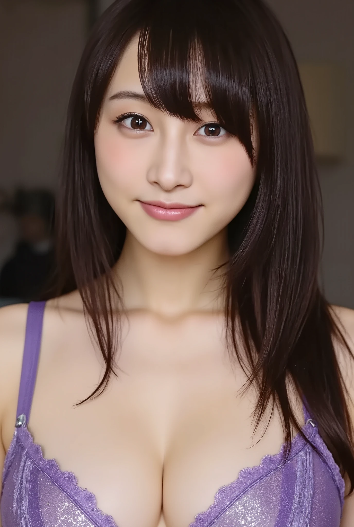 (a woman with １By people),(((long hair))),((とても綺麗な長いdark hairedの女性)),(dark haired),(黒色の髪でlong hair),(have bangs),Realistic Portraits,Realism,Highest Quality,masterpiece,Highest Quality,best image quality,maximum resolution,Fine Details, beautiful and detailed face,dark eyes,accurate upper body,realistic skin,(squint and smile),誰もいないIndoorで,in a late-night school classroom,wear large Kurobuchi glasses,((in a luxury hotel room)),((wearing a shiny purple band bra made of vinyl fabric)),show me face forward,face the front and,Elaborate Upper Body ,arms are correctly shown,(wear large black-framed glasses on my face),(ホテルの暗いIndoorで立っている),(super big boobs),Indoor,(squint, show your teeth and smile),(wearing a shiny purple band bra made of vinyl fabric),