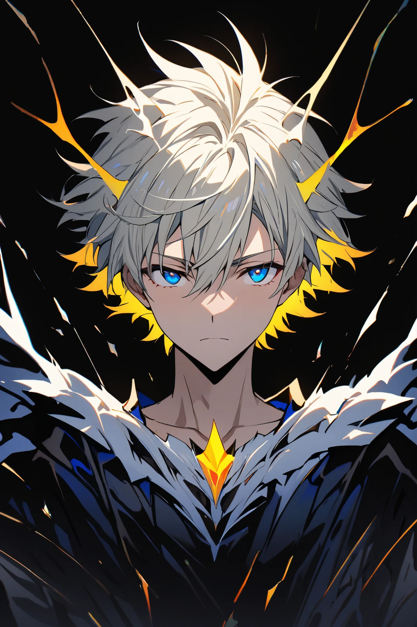 [(BLACK BACKGROUND:1.5),::5], ((masterpiece)), high quality, ultra very high resolution, full color, ((solo)), ((adult male)), ((men's white Short hair), (inner yellow hair), (blue eye.), anime, (upper body), (Wings EFFECT:1)