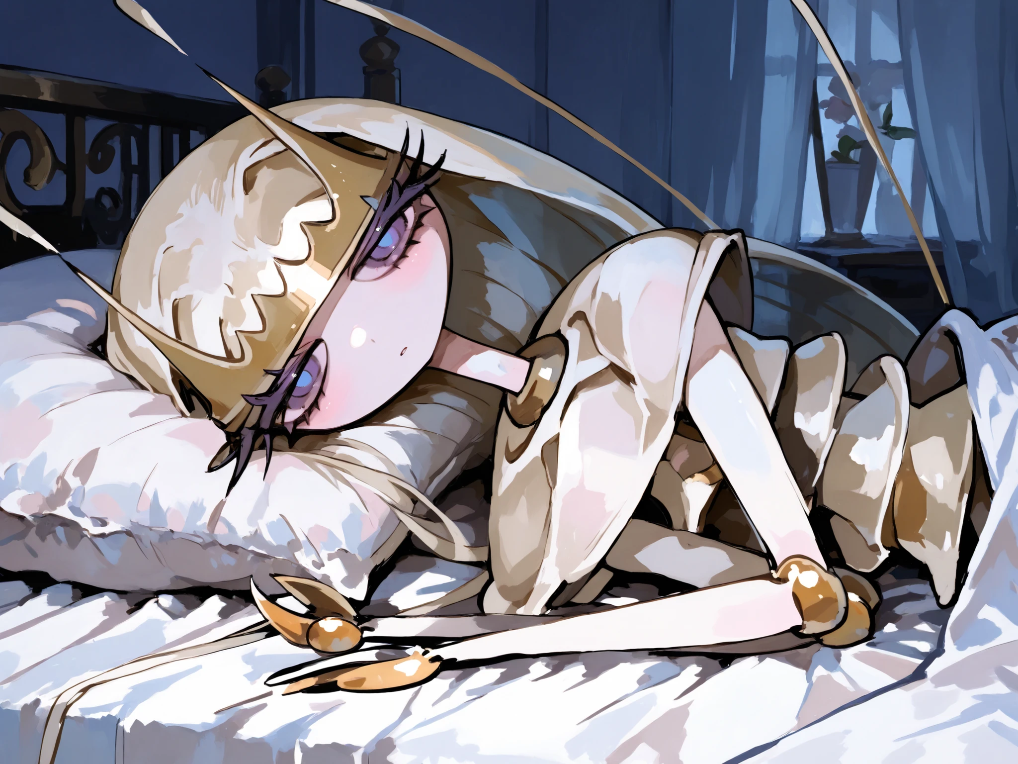 pheromosa,best quality,beautiful,pokemon,{Look at viewers},(Clear eyes), pose invited、((Lying in bed)) ,