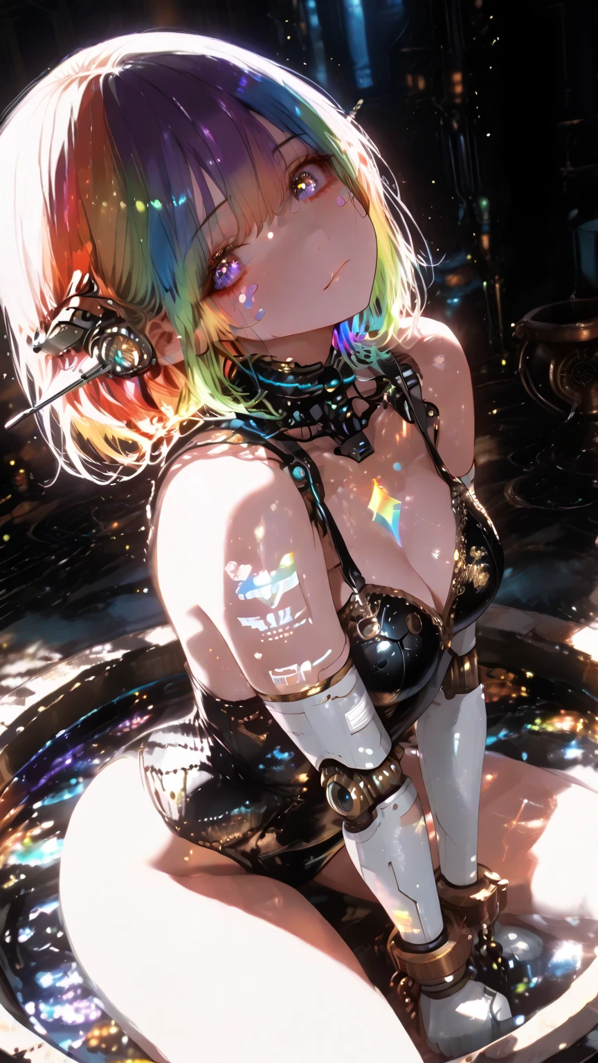 (quality)), ((masterpiece)), Recommendation Results、Puffy nipples、(See through:1.5)、Please stand up straight.、Abdominal muscles、Giant bust、Angle to floor:1.2、Low camera angle、Groin hair removal，hatsune miku，Very detailedな)), (Very detailedなCGイラスト), ((Very delicate and beautiful)),(1. Machine Girl)),alone,Full body white,(Machine made joints:1.2),((White mechanical limbs)),(Rainbow colored blood vessels connected to tubes),(Rainbow-colored mechanical vertebrae attached to his back，Flowing rainbow dots.),((A rainbow is fixed around the neck)),poker face,(Rainbow colored wires and cables attached to his neck:1.2),(Rainbow colored wires and cables on your head:1.2)(Character Focus),,Very detailed,colorful,Most detailed