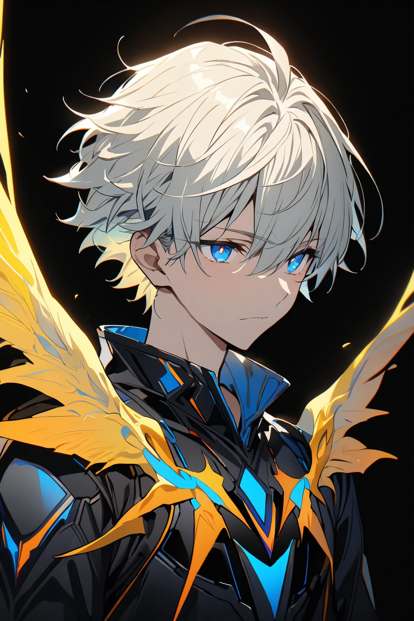 [(BLACK BACKGROUND:1.5),::5], ((masterpiece)), high quality, ultra very high resolution, full color, ((solo)), ((adult male)), ((men's white Short hair), (inner yellow hair), (blue eye.), anime, (upper body), (Wings EFFECT:1)