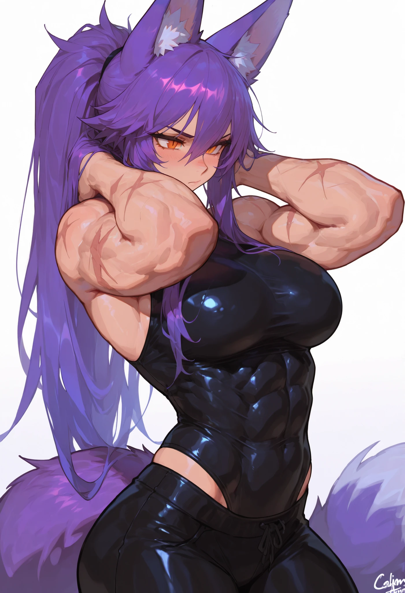 gorgeous kitsune girl, beautiful face, kitsune, purple color hair, hunter girl, orange eyes, slit pupils, detailed eyes, personalami style, volputrous body, covered breasts, curvy and athletic, kitsune ears, ponytail hair, fox tail, lean muscles, black bodysuit, pants, bare arms and neck, scars on arms, light abs, calm, lean but muscular arms and legs, athletic body, fox ears, dominant expression, long hair, masterpiece, ultra definition, simple white background, dnd