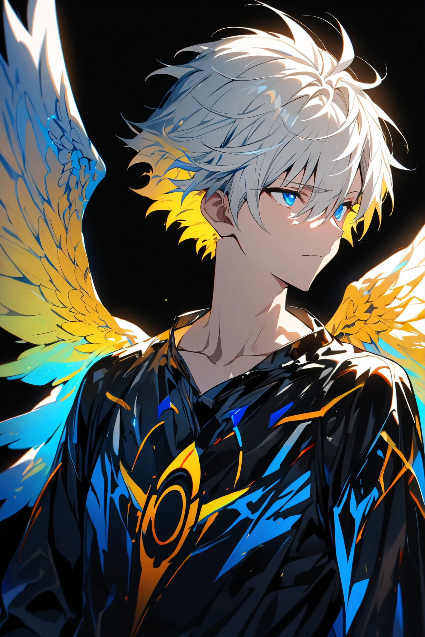 [(BLACK BACKGROUND:1.5),::5], ((masterpiece)), high quality, ultra very high resolution, full color, ((solo)), ((adult male)), ((men's white Short hair), (inner yellow hair), (blue eye.), anime, (upper body), (Wings EFFECT:1)