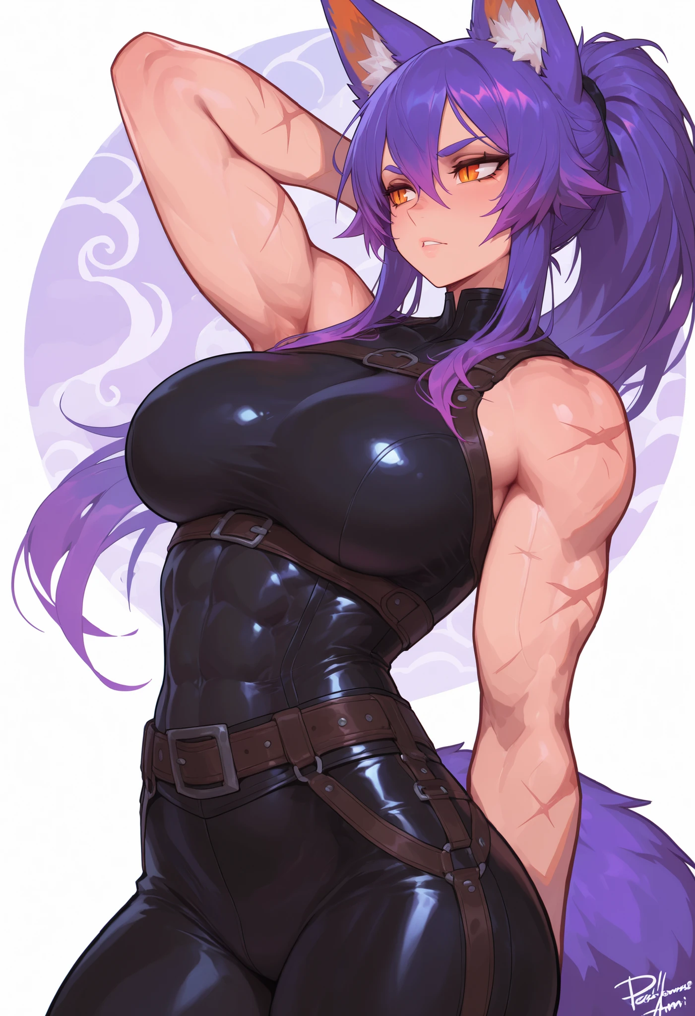 gorgeous kitsune girl, beautiful face, kitsune, adult woman, purple color hair, hunter girl, orange eyes, slit pupils, detailed eyes, personalami style, volputrous body, covered breasts, curvy and athletic, kitsune ears, ponytail hair, fox tail, black bodysuit, pants, bare arms and neck, leather armor, light abs, calm expression, scars on arms, athletic body, fox ears, long hair, masterpiece, ultra definition, simple white background, dnd, standing