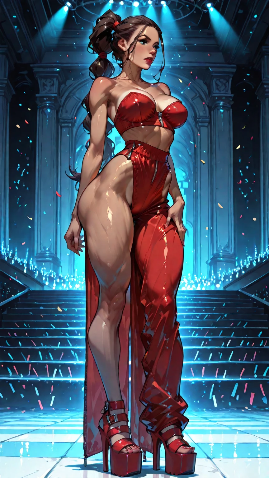 Ebony skin, (Best quality, 4k, Masterpiece :1.3), beautiful woman, hyper realistic, 1girl, ((turned back looking sunset)), (drooping breasts, attractive body :1.2), sit-ups :1.1, short red hair: 1.1, (wet rainy, wet by rain, wet body :1.2), ultra-detailed face, detailed lips, detailed eyes, double eyelid, sensual low-necked dress, open neckline, hanging breasts, side pose, visible curves, pool , poolside, red  robe, sunglasses, muscular turned leg
