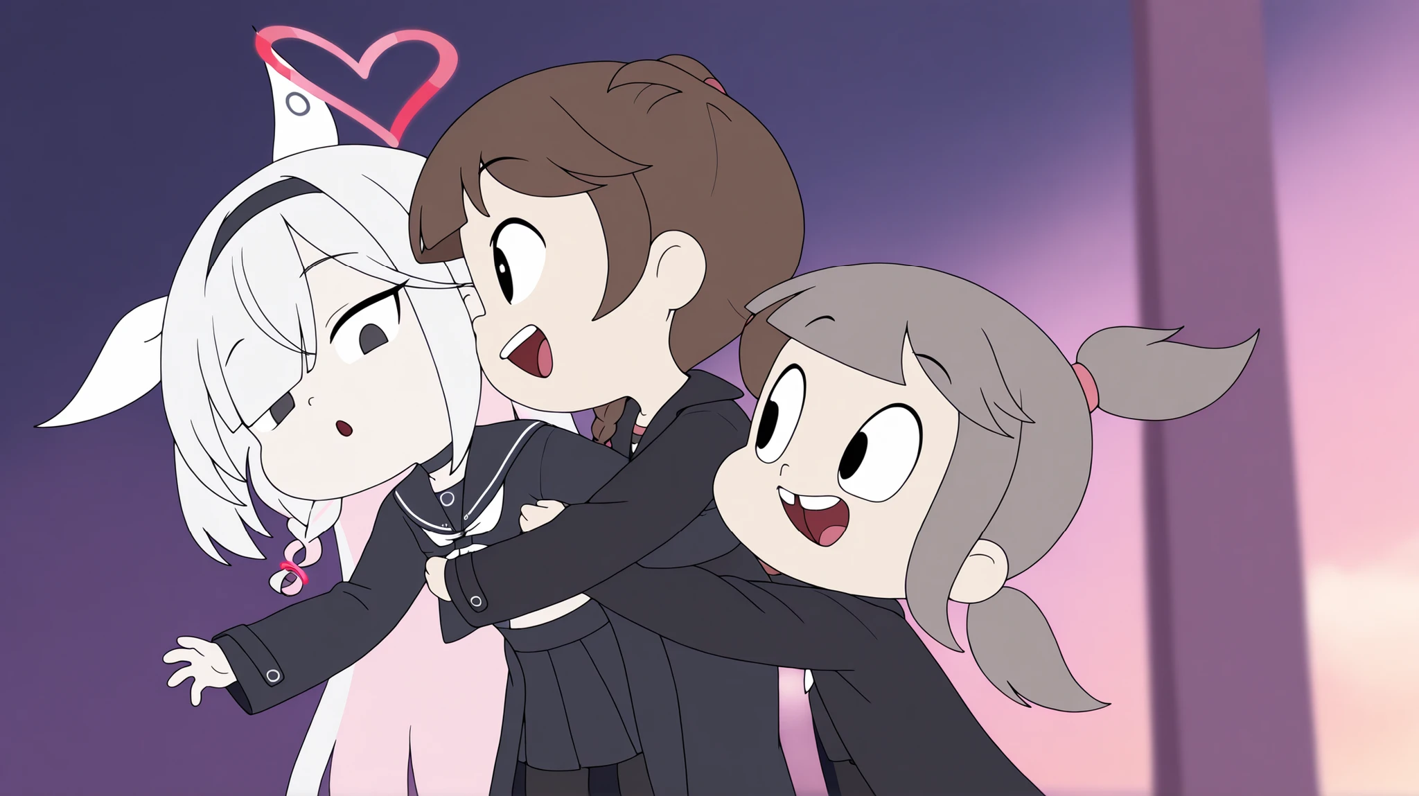 2girls, plana \(blue archive\) black eyes,long hair, white hair,braid,bow hairband,heart halo,choker,black serafuku,sailor collar,black long coat, black skirt, black pantyhose, | a_ey, missing tooth, black eyes, brown hair, bangs, ponytails, high ponytail, elastic band, | detailed, masterpiece,