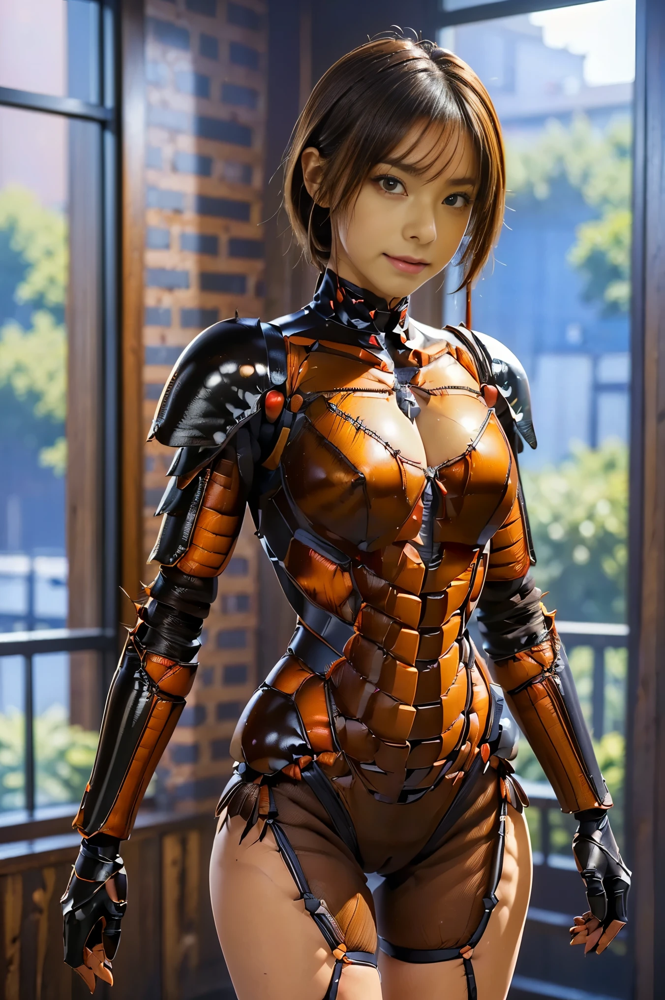 (high resolution,masterpiece,best quality,extremely detailed CG, anime, official art:1.4), realistic, photo, amazing fine details, all intricate, gloss and shiny,awesome many layers, 8k wall paper, 3d, sketch, kawaii, illustration,( solo:1.4), perfect female proportion,villainess, (fusion of dark brown cockroach and lady:1.4), (brown cockroach form lady:1.2), (brown cockroach lady:1.2), (fusion:1.2), (solo:1.4), (evil smile:1.2), muscular, abs, (cockroach brown exoskeleton bio insect suit:1.4), (cockroach brown exoskeleton bio insect armor:1.2), (brown transparency cockroach wing:1.4), (brown cockroach antennae:1.3),