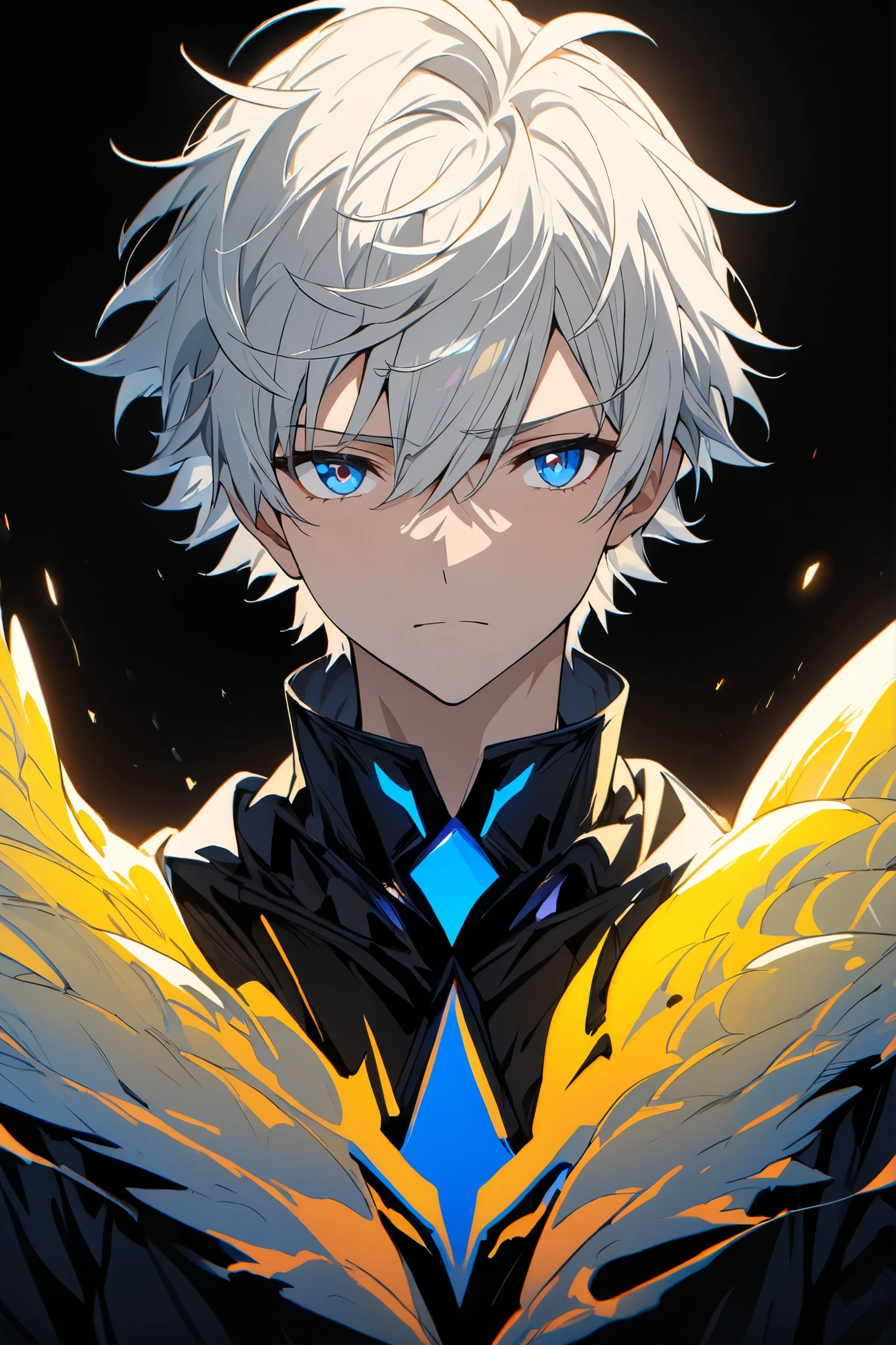 [(BLACK BACKGROUND:1.5),::5], ((masterpiece)), high quality, ultra very high resolution, full color, ((solo)), ((adult male)), ((men's white Short hair), (inner yellow hair), (blue eye.), anime, (upper body), (Wings EFFECT:1)