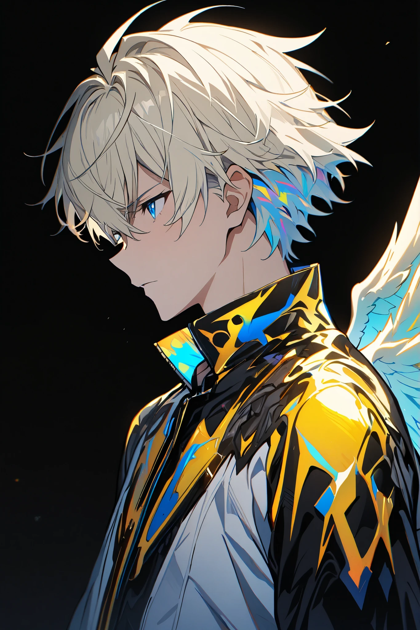[(BLACK BACKGROUND:1.5),::5], ((masterpiece)), high quality, ultra very high resolution, full color, ((solo)), ((adult male)), ((men's white Short hair), (inner yellow hair), (blue eye.), anime, (upper body), (Wings EFFECT:1)
