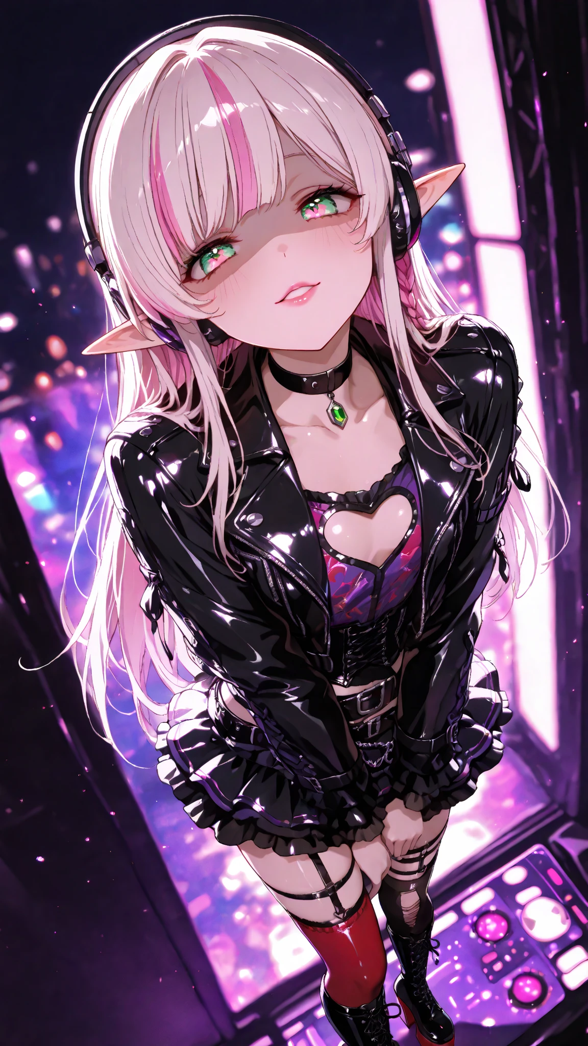 (Incredibly high resolution, masterpiece, highest quality, extremely detailed, CG, anime style), (One beautiful and alluring elf female DJ, solo: 1.5), (antique headphones, gothic, cute punk fashion, wearing a long-sleeved glossy black leather jacket over a black corset, ruffled red A-line multi-layered tiered mini skirt, red latex knee-high socks with garter belts, red high platform boots with heels, black leather choker), (dark pink straight hair, pink bangs, pink dyed hair, emerald green eyes, half-closed drooping eyes, pink lips, shaded face, collarbone, pointed ears hidden by headphones, perfect female proportions), (alluring smile, sensual pose, expression mixed with enchantment and fascination, passionate breath), (dark atmosphere background,  cutout, dark mood, blurred background, purple lighting, purple mist), (dynamic angle, full body image, standing pose)