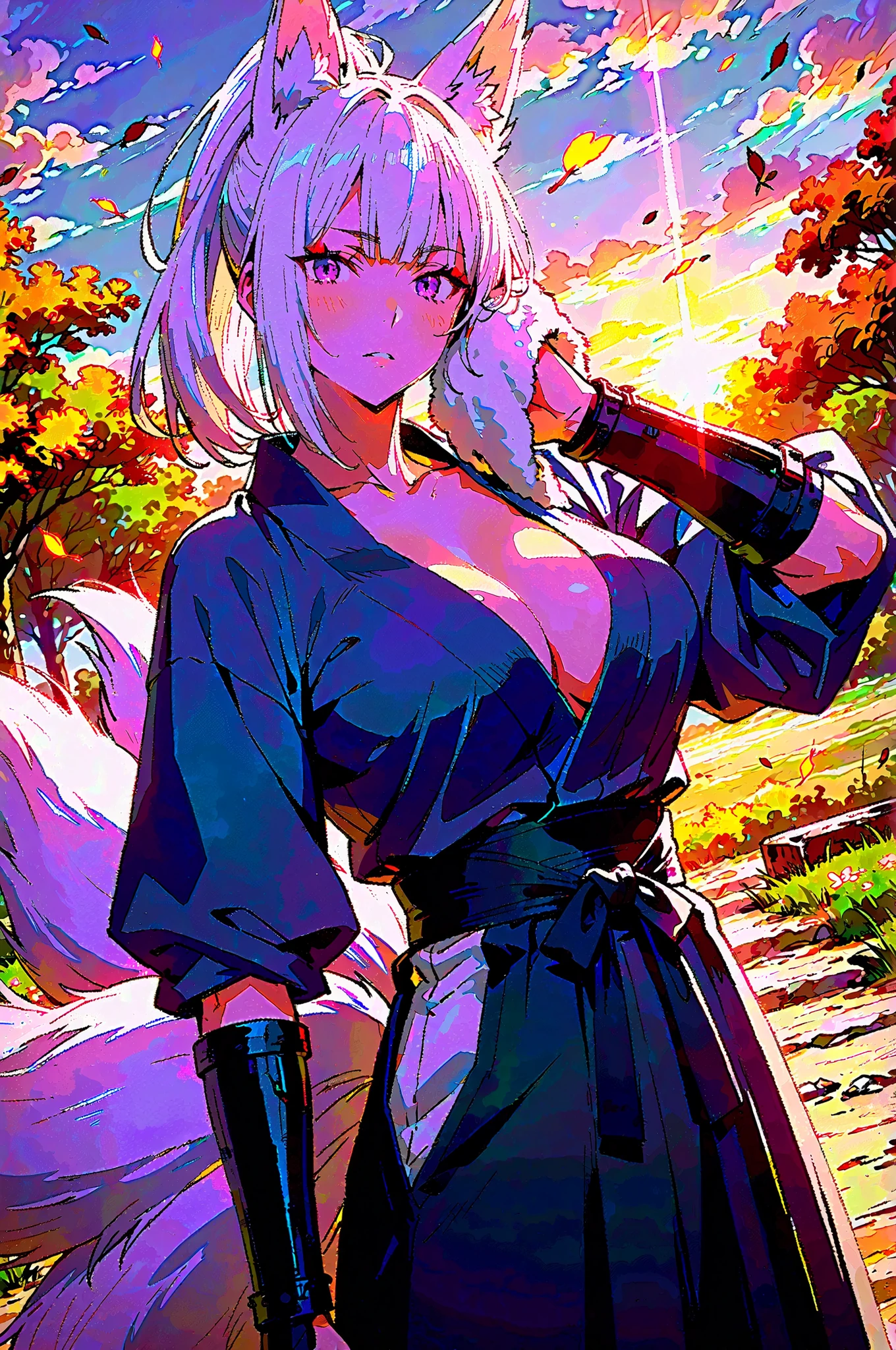 masterpiece, best quality, amazing quality,,  kaga, kaga (azur lane), animal ears, blue eyes, eyeshadow, fox ears, fox tail, makeup, short hair, bangs, blunt bangs, white hair, tail, kyuubi, kitsune, multiple tails, mature female, large breasts, arm guards, sideboob, japanese clothes, blue shirt, blue skirt, puffy sleeves, thighhighs, skirt,,  kung fu, martial arts, training, fighting stance, cowboy shot, hand on own hips, meadow, grass, flowers, open, sunlight, cowboy shot, solo, looking at viewer,  transparent background, simple background, white backgroundmasterpiece, newest, absurdres, best quality, amazing quality, very aesthetic, ultra-detailed, highly detailed, newest,scenery,very awa, anime,HDR,8k,
(dutch angle), cowboy shot,
1girl,kendo shoujo,(kanzaki ouka),  (hiiragi yuuichi:0.7),beautiful face, perfect eyes, detailed eyes,mature female,
black hair,straight hair, high ponytail,hime cut,
purple eyes, (white ribbon),head tilt, looking at viewer,
parted lips, blush,in heat,
large breasts, collarbone,(cleavage:1.4), underboob,
black hakama ,hakama skirt , loose clothes,  dougi,
holding shinai,shinai,holding towel, (wiping face:1.4),(resting),
dojo ,kendo,
sunlight, ,day,shadow, sunset,autumn leaves,( falling leaves:1.4),
orange cat,tree,rule of third,cloudy sky,
volumetric lighting,  high contrast ,smooth shading,glowing dust particles,dappled sunlight,vignetting,

(weapon rest over shoulder:1.2), holding weapon, looking back,