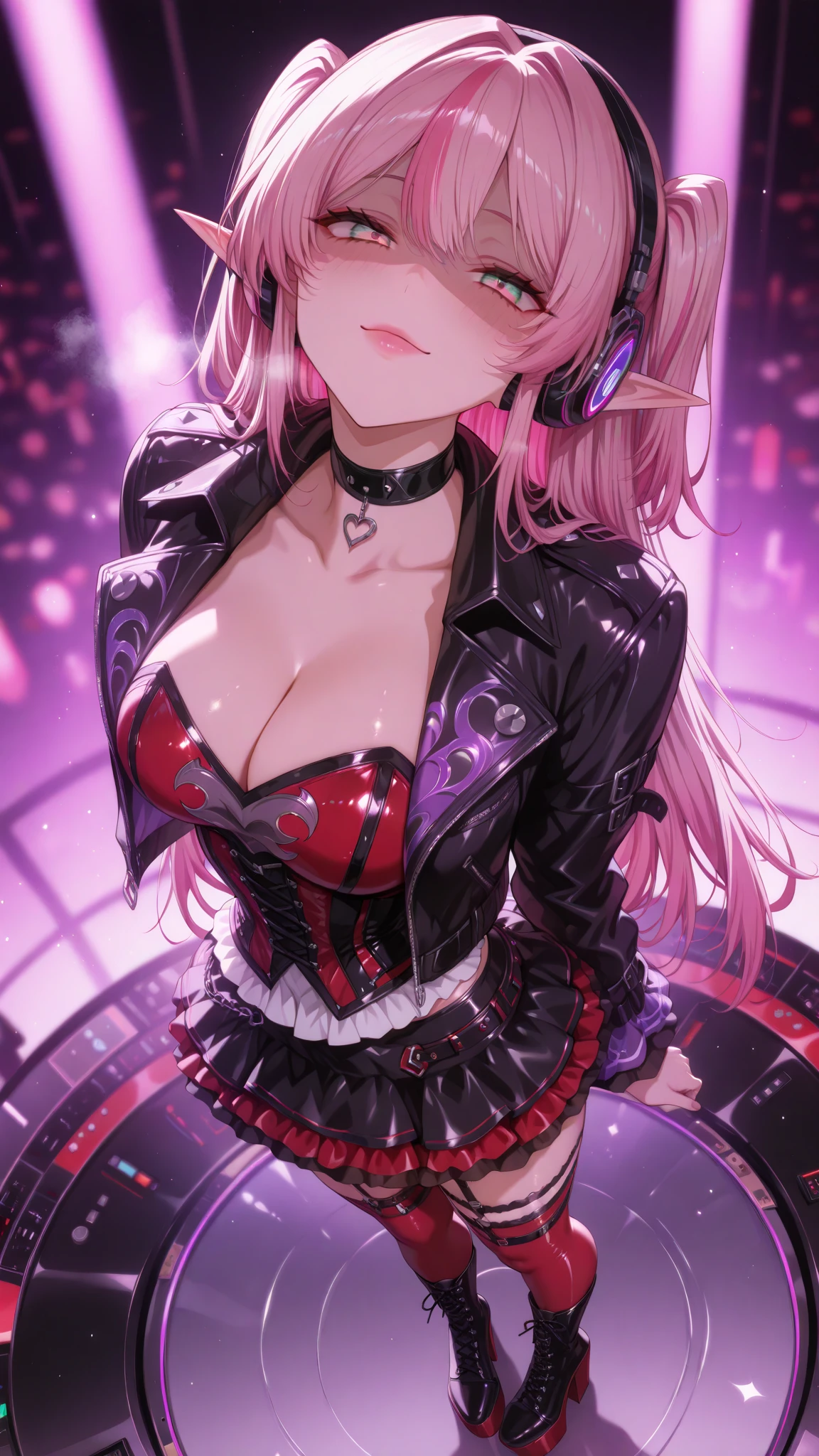 (Incredibly high resolution, masterpiece, highest quality, extremely detailed, CG, anime style), (One beautiful and alluring elf female DJ, solo: 1.5), (antique headphones, gothic, cute punk fashion, wearing a long-sleeved glossy black leather jacket over a black corset, ruffled red A-line multi-layered tiered mini skirt, red latex knee-high socks with garter belts, red high platform boots with heels, black leather choker), (dark pink straight hair, pink bangs, pink dyed hair, emerald green eyes, half-closed drooping eyes, pink lips, shaded face, collarbone, pointed ears hidden by headphones, perfect female proportions), (alluring smile, sensual pose, expression mixed with enchantment and fascination, passionate breath), (dark atmosphere background,  cutout, dark mood, blurred background, purple lighting, purple mist), (dynamic angle, full body image, standing pose)