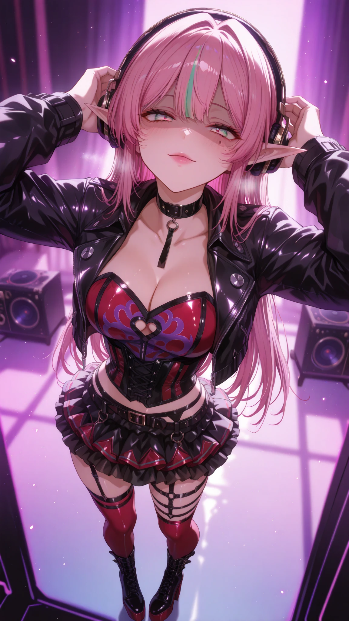 (Incredibly high resolution, masterpiece, highest quality, extremely detailed, CG, anime style), (One beautiful and alluring elf female DJ, solo: 1.5), (antique headphones, gothic, cute punk fashion, wearing a long-sleeved glossy black leather jacket over a black corset, ruffled red A-line multi-layered tiered mini skirt, red latex knee-high socks with garter belts, red high platform boots with heels, black leather choker), (dark pink straight hair, pink bangs, pink dyed hair, emerald green eyes, half-closed drooping eyes, pink lips, shaded face, collarbone, pointed ears hidden by headphones, perfect female proportions), (alluring smile, sensual pose, expression mixed with enchantment and fascination, passionate breath), (dark atmosphere background,  cutout, dark mood, blurred background, purple lighting, purple mist), (dynamic angle, full body image, standing pose)