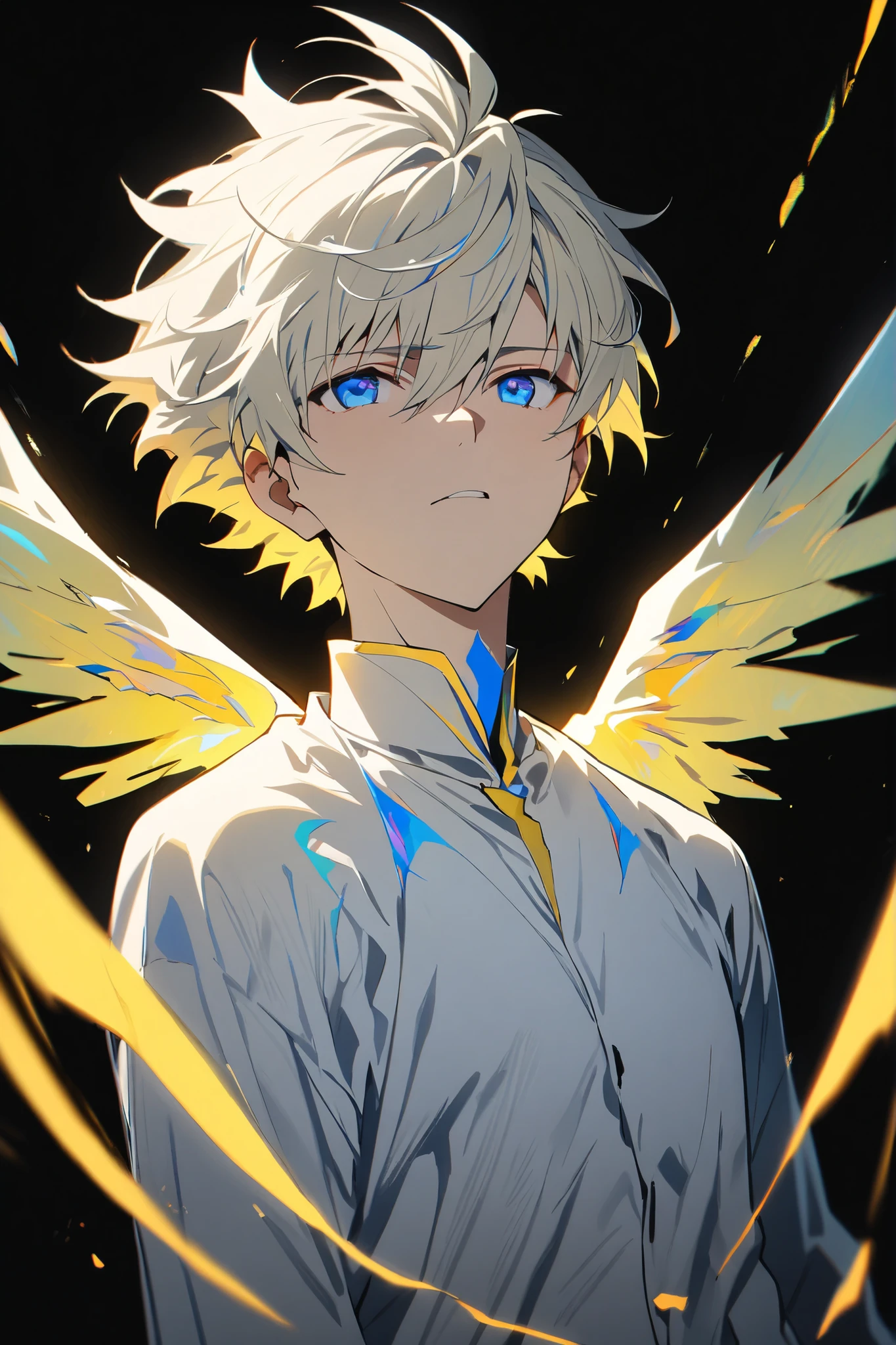 [(BLACK BACKGROUND:1.5),::5], ((masterpiece)), high quality, ultra very high resolution, full color, ((solo)), ((adult male)), ((men's white Short hair), (inner yellow hair), (blue eye.), anime, (upper body), (Wings EFFECT:1)