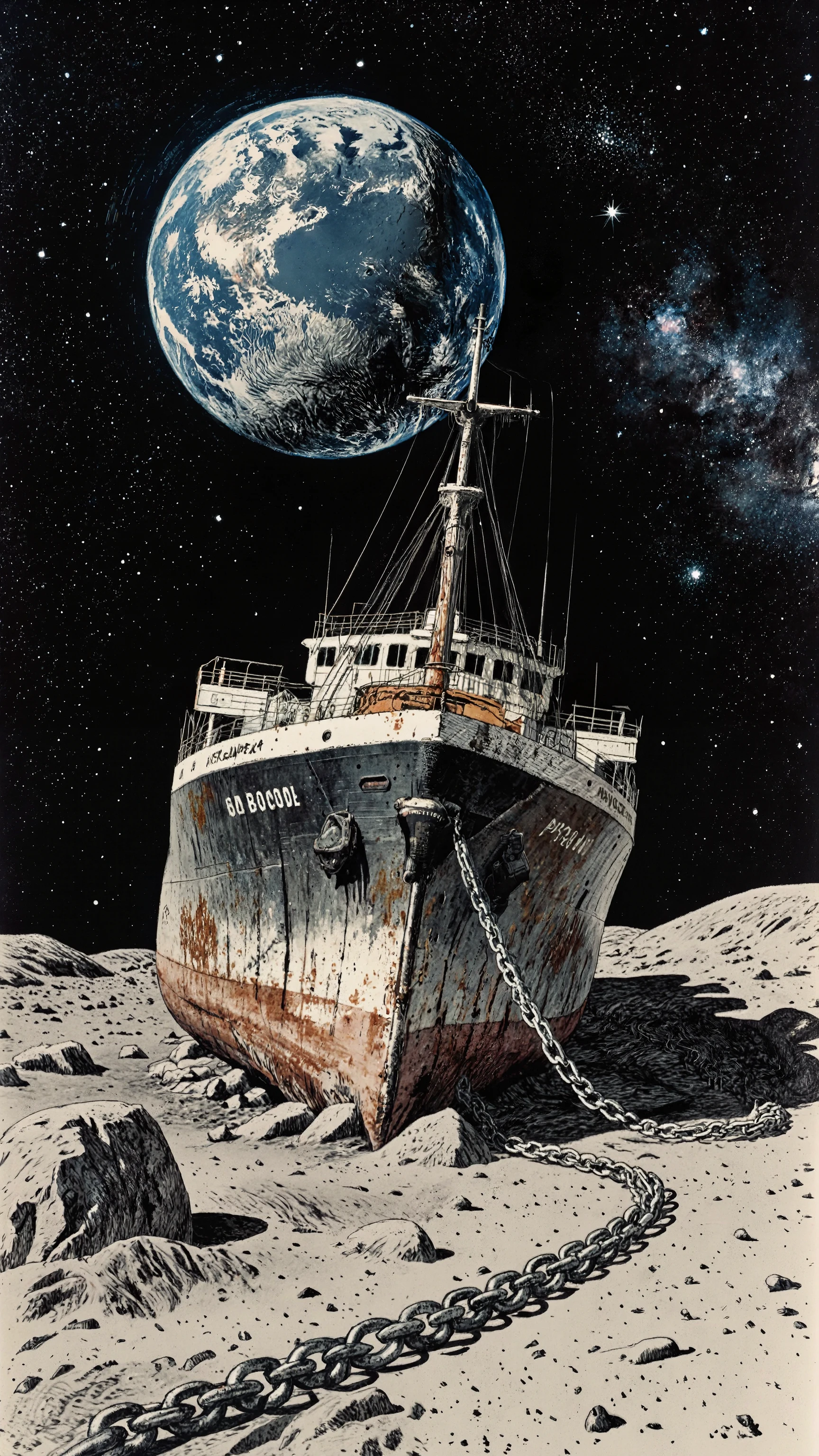 Vintage-SF style illustration,emphasized perspective,A view from directly below,dynamic angle, peering through the chain in front,a massive cargo ship moored in the moon ground,The ship that ran aground and tilted,The ship has run aground on the rocks and is listing slightly. An anchor chained to the ground,heavy chains stretching out, the ship's hull and chains covered in rust and grime, an imposing colossus,A ship with a quiet yet dignified presence, in the moon ground,Earth floating in the night sky,galaxy sky,starry sky, starkly defined light and shadow. RyOtt style,Surrealism, mindscape, steampunk, urban fusion, mechanized anatomy, retro-futurism, industrial,Depressive Black,Vivid vibrant color style,