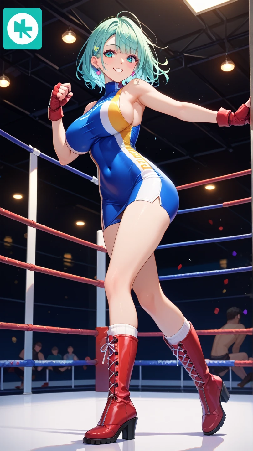 full body photographed、​masterpiece、top-quality、hight resolution、A dark-haired、is standing、weak、light blue high leg cut swimsuit,Light blue sports bikini、white sporty boots、distressed face、Sweaty skin、boxing venue、boxing Ring、tiny chest、（（boxing Ring））、（（tiny chest：1.1））、Red face、16-year-old girl（（is standing：1.2））