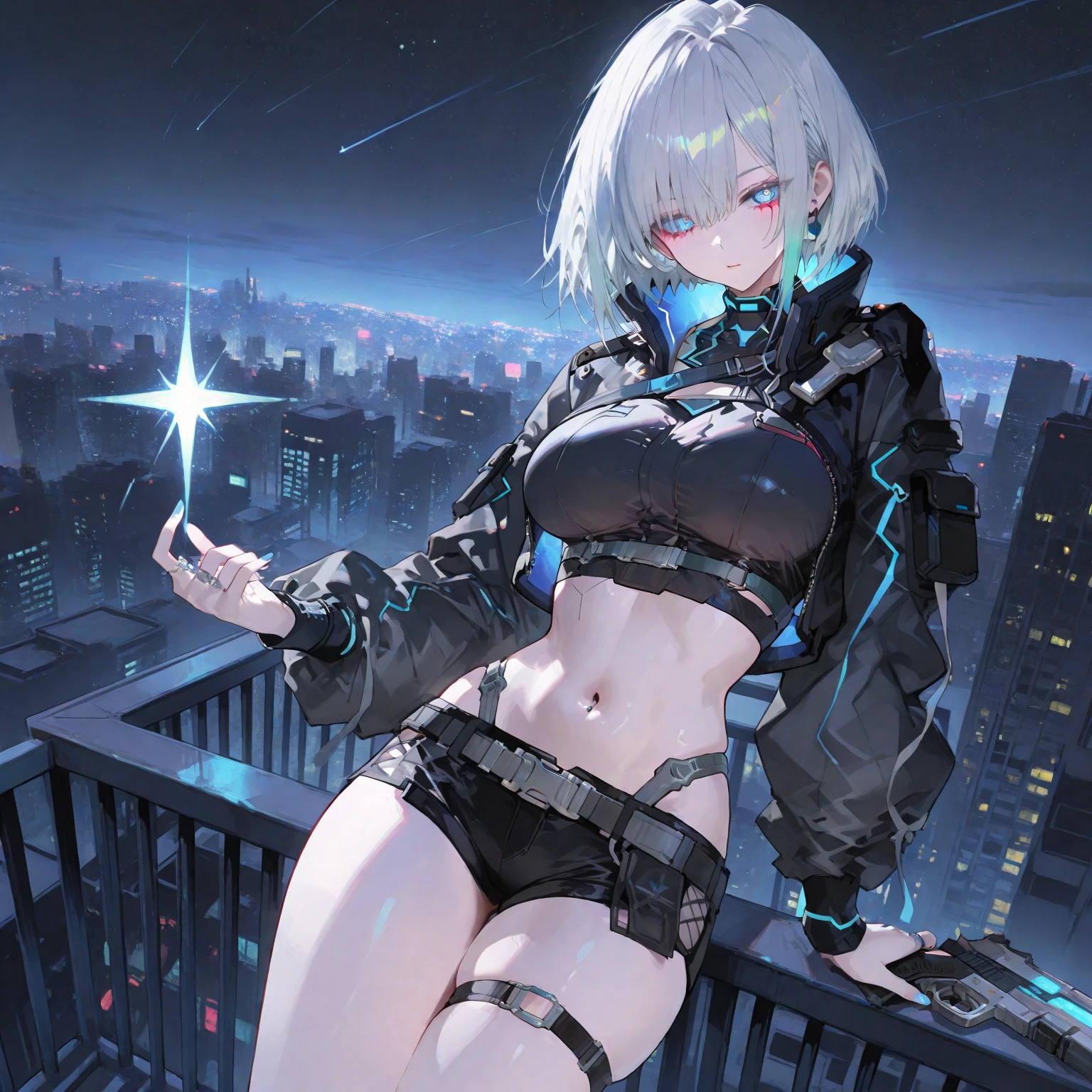 A girl stands on the rooftop of a high-rise building with a panoramic view of late-night Tokyo below.、She has a short bob with a white lob of hair and wears a large black witch hat with sapphire jewelry.、A high school student wearing a navy blue bikini-type swimsuit with a white ribbon、She wears a large witch's hat with a small sapphire accessory、A few star creams、Beautiful starry sky、Beautiful night view、large witch's hat 、Navy blue bikini pants that dig into your stomach、Small breasts、Small breasts、Navy blue swimsuit top with white frills、I see my stomach、The area around the stomach is .、Belly button、Halterneck bikini、She is wearing hot pants