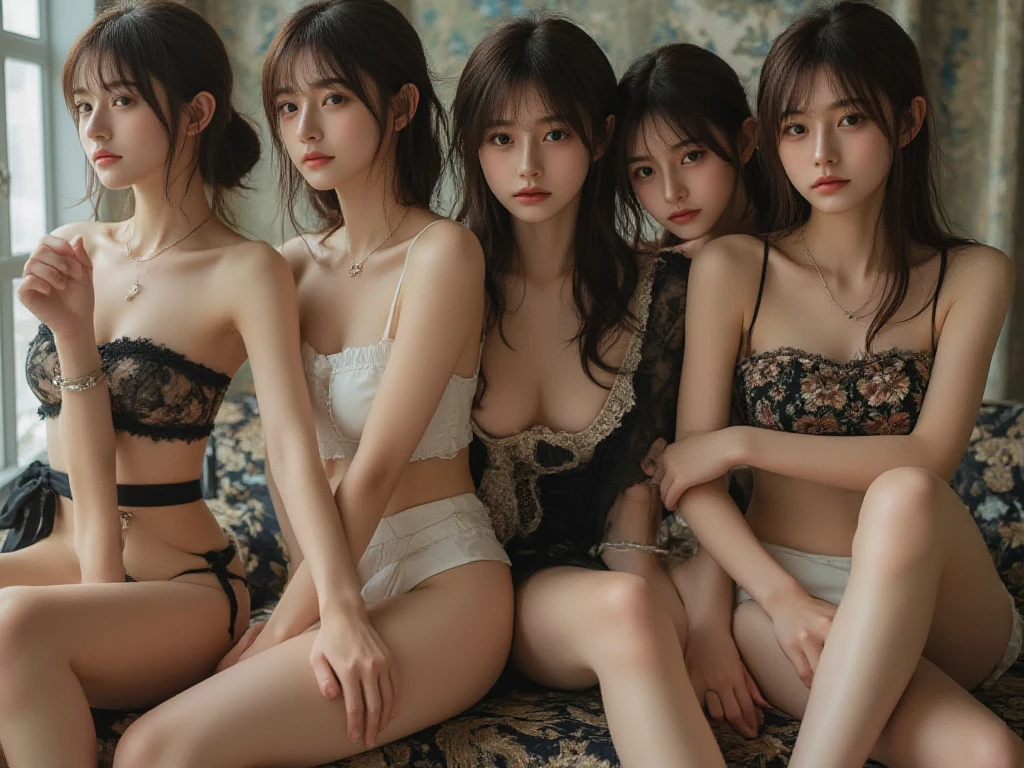 absurdres, RAW photo, extremely delicate and beautiful, masterpiece, Best Quality, ultra high resolution, 16k, hyperrealistic, ultra-detailed, Very detailed CG 8k wallpaper, Beautiful Lighting, Perfect Lightning, Realistic Shadows, perfect ???????, super Detailed skin, perfect figure, Japanese woman, late 20s, very Slim body, narrow waist, very small head, handsome detailed woman, very detailed eyes and face, realistic face proportions, Stunning detailed eyes, Realistic beautiful face, very small face, Realistic small beautiful eyes, double eyelids, makeup, tearful mole, mole on ?????, earring, ???? legs, beautiful and very thin legs, beautiful and very thin thighs, (((very huge round ???????))), ((full body shot)), ((short hair)), wavy hair, (((belly dance clothes))), midriff peek, ((sleeveless)), (((yuri))), (((3 girls))),