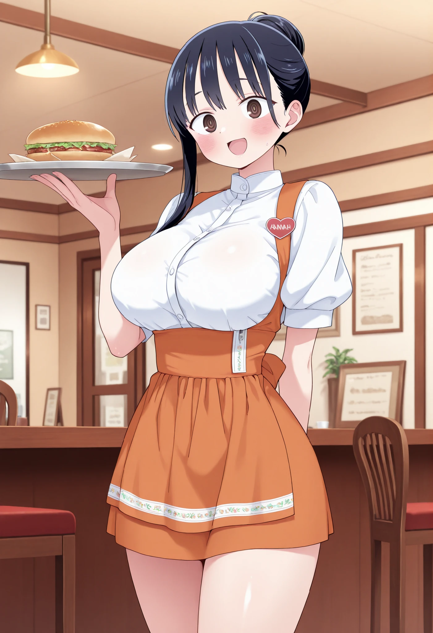 masterpiece,best quality,amazing quality, 1girl, solo, Annayamada/YamadaAnna, boku no kokoro no yabai yatsu, brown_eyes, black_hair, long_hair, large_breasts, anna miller ,red waitress,name tag,high-waist skirt,suspender skirt, apron ,cowboy shot, glossy lips ,normal standing ,smile,open mouth, blushing ,from front ,restaurant