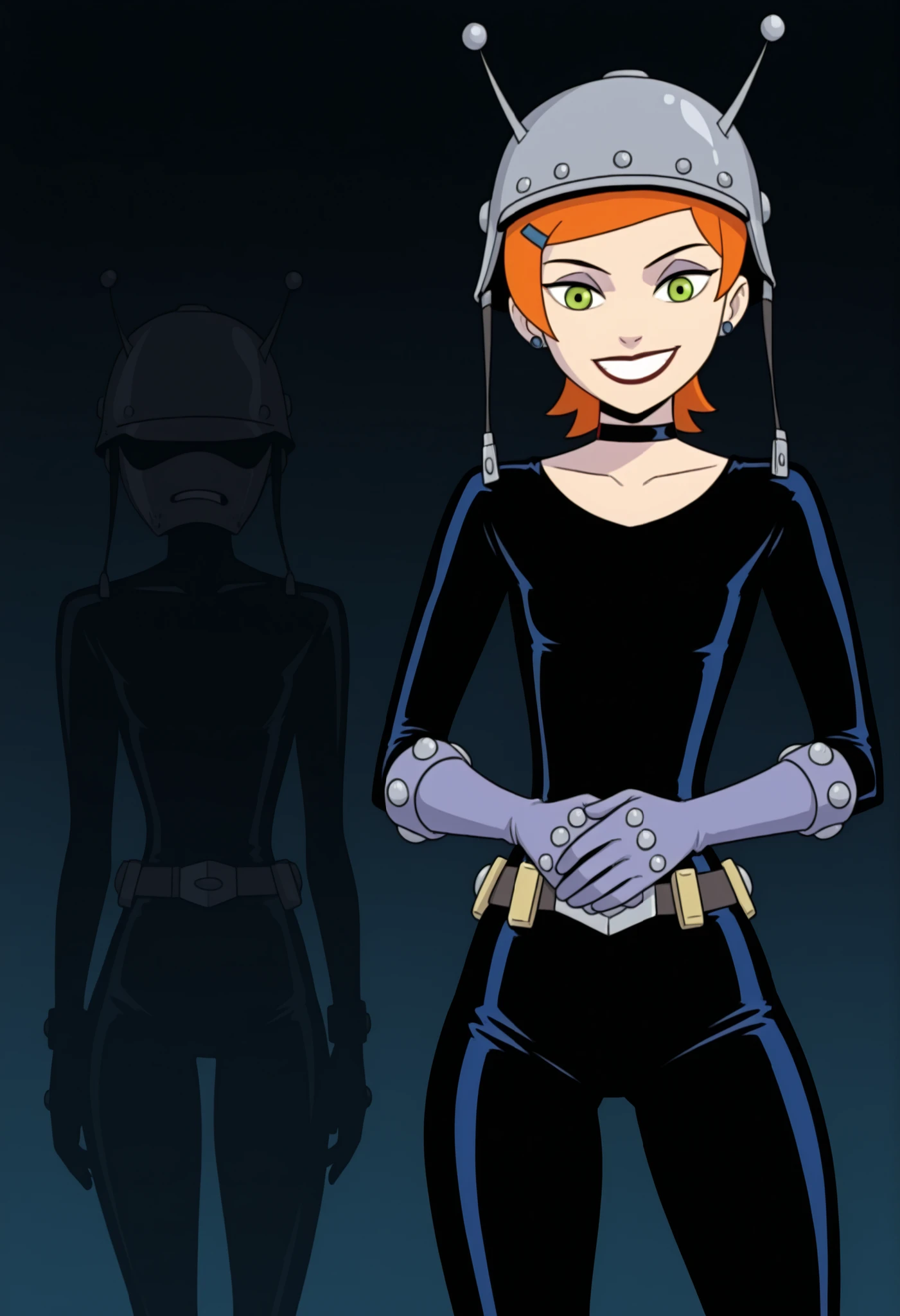 Gwen Tennyson . ginger . short hair . green eyes . flat breasts, flat chest, huge hips . slim body . choker . |   (extremely detailed CG), (best quality), 1girl, perfect face, shiny skin, lustrous skin, wide hips, narrow waist,  ZeroTwo, belt, armor, bodysuit, helmet, antennae, rider belt,armor,gloves, black bodysuit,hands on belt,hands own hands together,