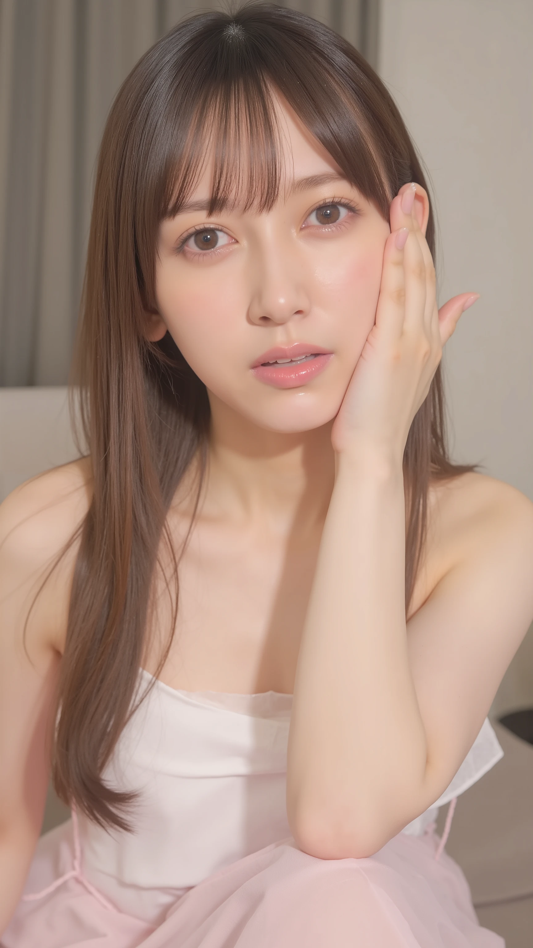 high resolution photo,masterpiece after sex,JAV,A young Japanese idol beauty, after sex,Playful movements ,slim figure,Air Bangs,light brown long straight hair,Long hair on both sides of the chest,Long straight hair on both sides of the chest,Wear a low-cut bandeau top,showing cleavage and shoulders,Lean in and approach,subjective point of view,first-person view,face covered with semen,Lots of semen in the corners of the mouth,Lots of semen on chest and neck,Expression after sex,Delicate Skin Texture,soft light in the room,Ultra HD Details,16k Ultra High Resolution,Close-up from elbow to hand