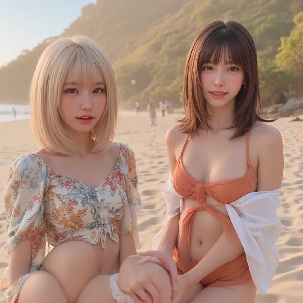 Blonde gal、Shonan sandy beaches、Very vivid, detailed, (((Three smiling beautiful blonde Japanese women))), Color Contact Lenses、Apply honey'Body, (((Random Bikini))), oiled chest, Beautiful ,  are visible, Beautiful oiled legs, Cute Necklace, Cute Earrings, Cute Nails, 