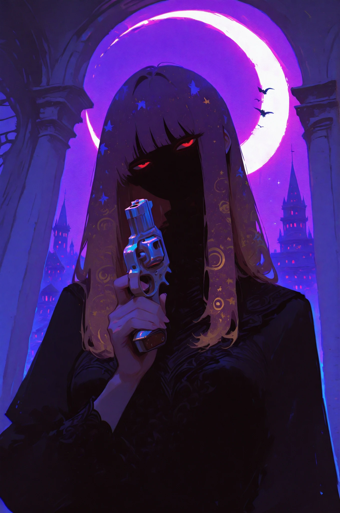 the woman stands menacingly, Show me a revolver,the woman has unkempt, unmanicured hair and looks like her bangs are still growing,the hair hides most of her face and can't see her expression,only has sharp eyes peeking out,casts a shadow on the woman's face,a black bird like a buddy flying close to the person,dressed in dark clothes,in one hand The intricately designed revolver,metallic luster,dark clothing with the theme of danger and intrigue,not only is the gun exquisitely sculpted and functional、suggests that it is also a work of art,background is a characteristic night view of buildings and a crescent moon, Fantastic patterns,creates an atmosphere of mystery,Dramatic lighting,It emits intense shadows,evil, Mysterious mood,The overall composition is tense,Dressed in dark clothes,dynamic action posing,4K Post,middle closeup shot, Full Art, aetherpunk airbrush digital art, Spectacular Full Color Illustrations , psychedelic digital painting　
