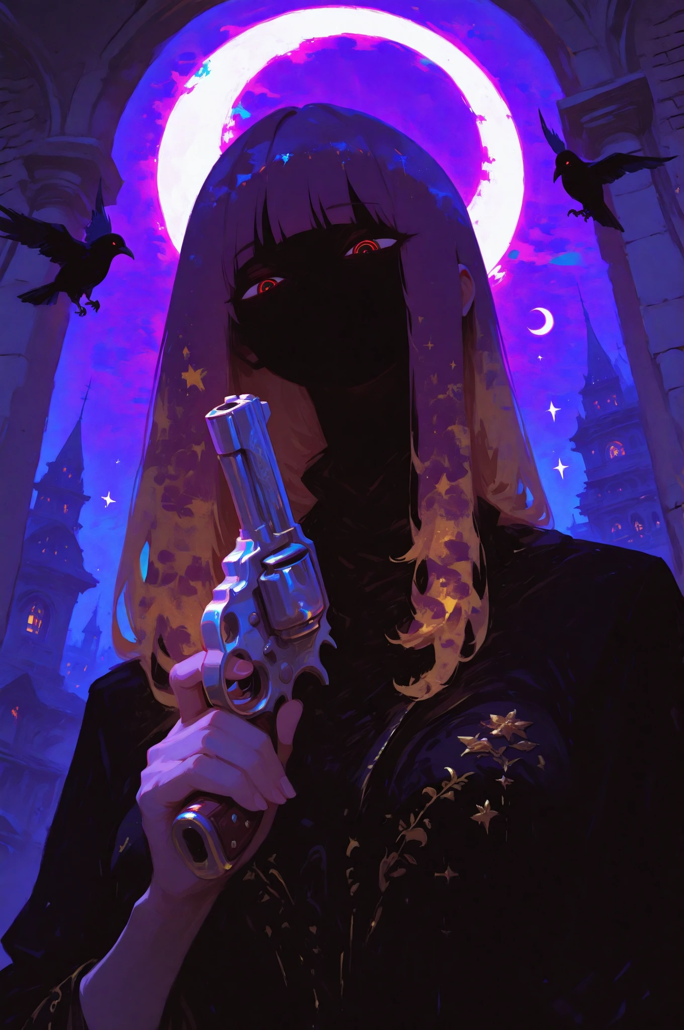 the woman stands menacingly, Show me a revolver,the woman has unkempt, unmanicured hair and looks like her bangs are still growing,the hair hides most of her face and can't see her expression,only has sharp eyes peeking out,casts a shadow on the woman's face,a black bird like a buddy flying close to the person,dressed in dark clothes,in one hand The intricately designed revolver,metallic luster,dark clothing with the theme of danger and intrigue,not only is the gun exquisitely sculpted and functional、suggests that it is also a work of art,background is a characteristic night view of buildings and a crescent moon, Fantastic patterns,creates an atmosphere of mystery,Dramatic lighting,It emits intense shadows,evil, Mysterious mood,The overall composition is tense,Dressed in dark clothes,dynamic action posing,4K Post,middle closeup shot, Full Art, aetherpunk airbrush digital art, Spectacular Full Color Illustrations , psychedelic digital painting　
