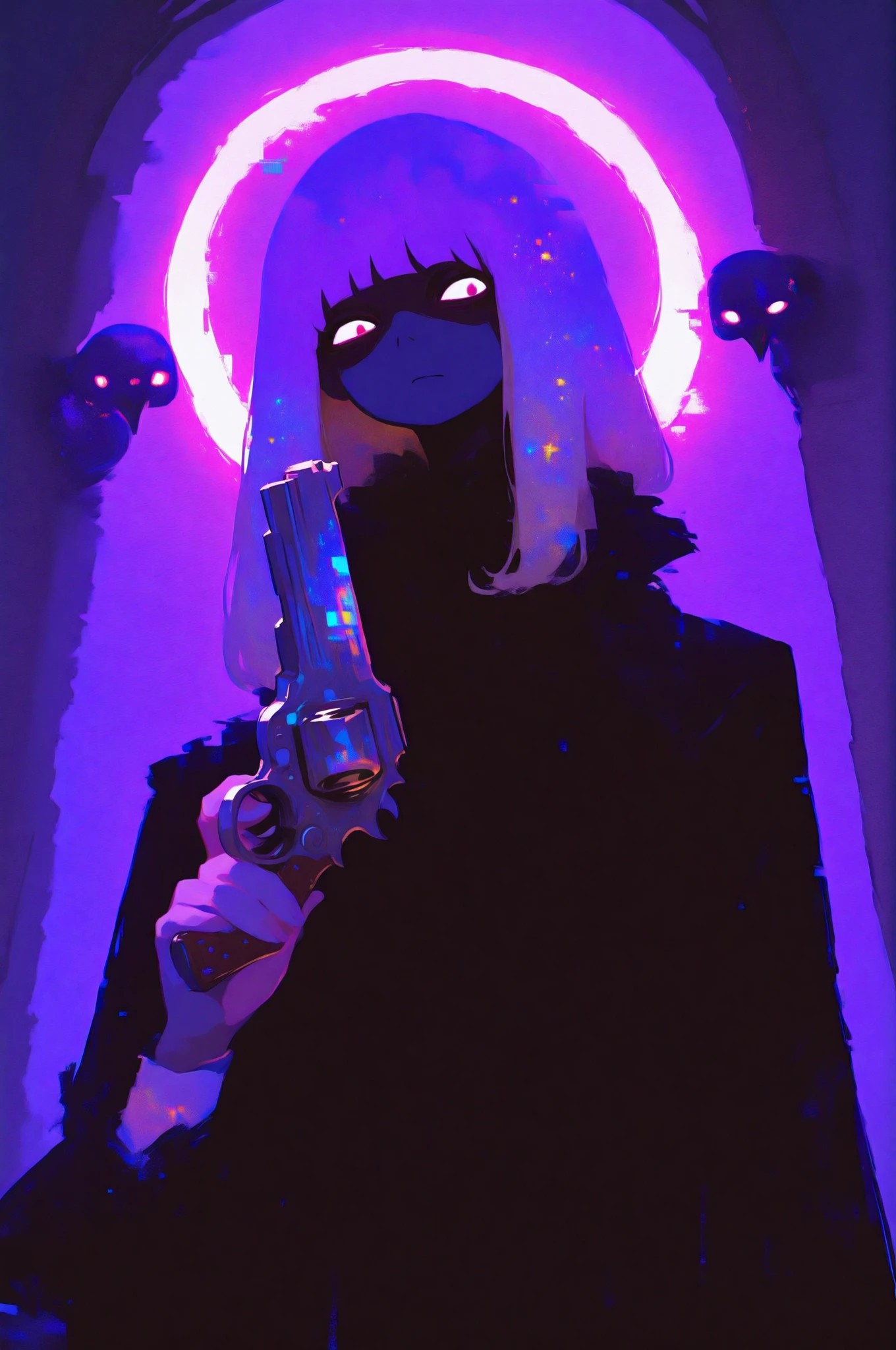 the woman stands menacingly, Show me a revolver,the woman has unkempt, unmanicured hair and looks like her bangs are still growing,the hair hides most of her face and can't see her expression,only has sharp eyes peeking out,casts a shadow on the woman's face,a black bird like a buddy flying close to the person,dressed in dark clothes,in one hand The intricately designed revolver,metallic luster,dark clothing with the theme of danger and intrigue,not only is the gun exquisitely sculpted and functional、suggests that it is also a work of art,background is a characteristic night view of buildings and a crescent moon, Fantastic patterns,creates an atmosphere of mystery,Dramatic lighting,It emits intense shadows,evil, Mysterious mood,The overall composition is tense,Dressed in dark clothes,dynamic action posing,4K Post,middle closeup shot, Full Art, aetherpunk airbrush digital art, Spectacular Full Color Illustrations , psychedelic digital painting　