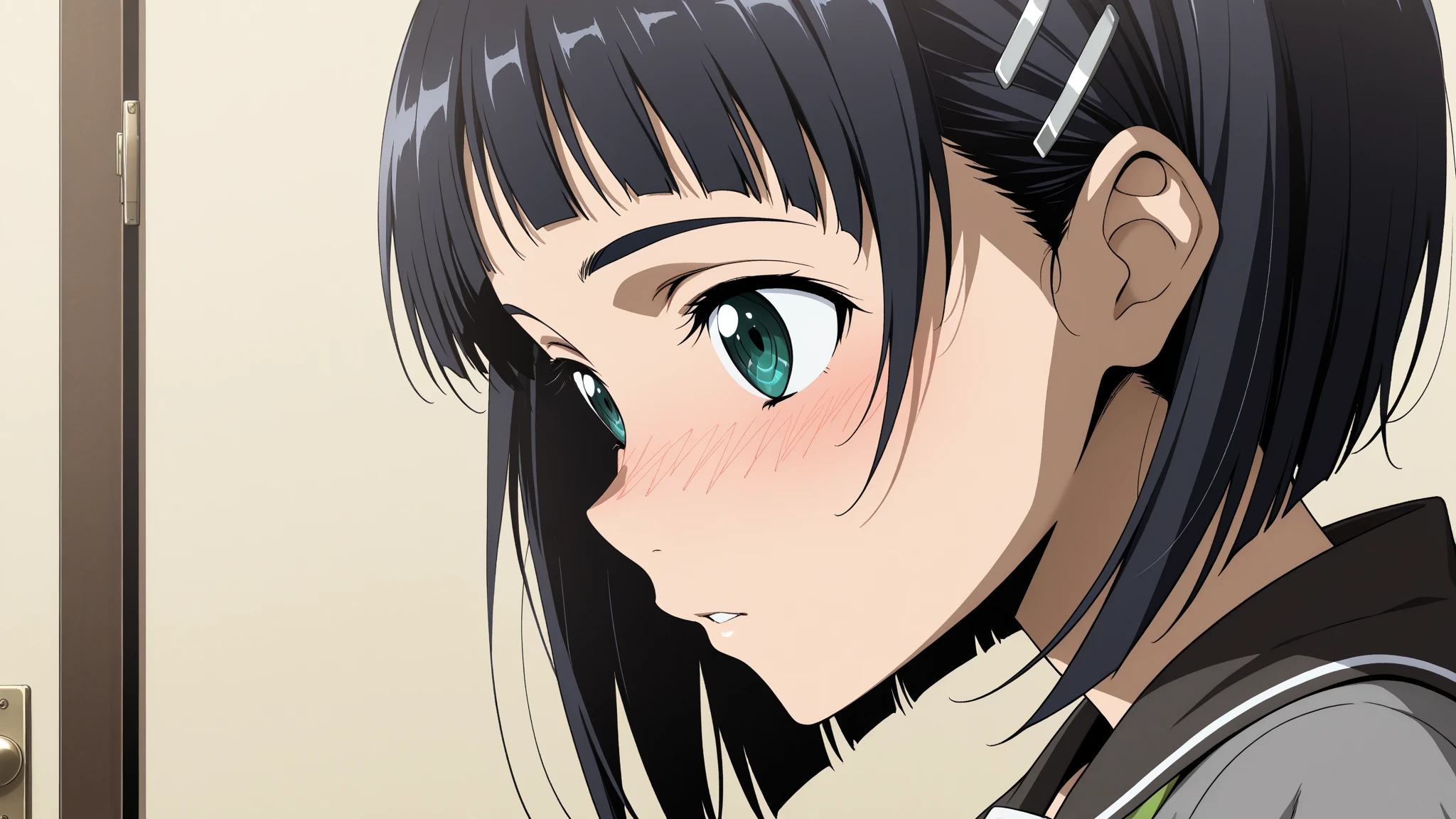 (masterpiece), (best quality), (ultra-detailed), very aesthetic, illustration, perfect composition, intricate details, absurdres, detailed face, (intricate),1girl, (kirigaya suguha, sword art online, green eyes, black hair, medium breasts), (realistic face:0.7), (narrowed eyes), nipple,perfect face, 4k, extremely detailed anime illustration,, enhanced details,cowboy shot,perfect anatomy,smooth skin, (gray background), cristal clear eyes, beautiful face,(anime style:1.5), (highres:2),
