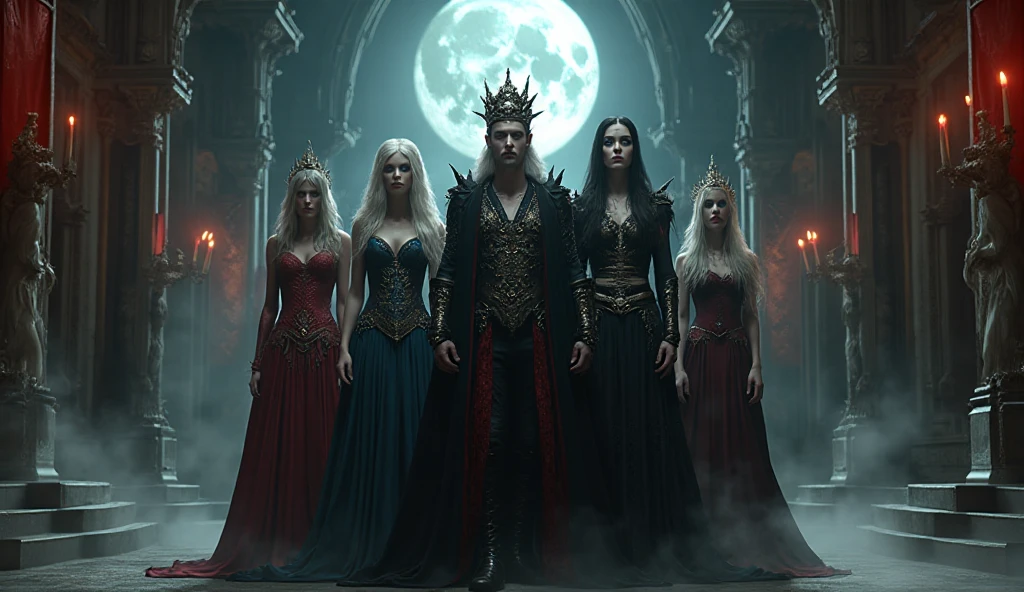 two dark kings and a queen, all dressed in black armor covered in darkness, all sitting on a large, single throne made from a gigantic mystical tree.