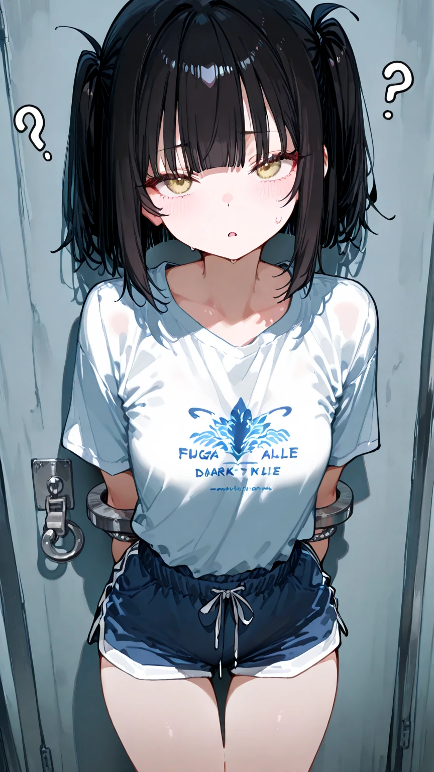 (masterpiece:1.2),(best quality:1.2),(masterpiece, best quality, ultra-high resolution), (1girl), (1 character), A girl angry and surprise, saggy t-shirt, shorts, masculine attitude, tomboy, short hair, black hair, silver eyes