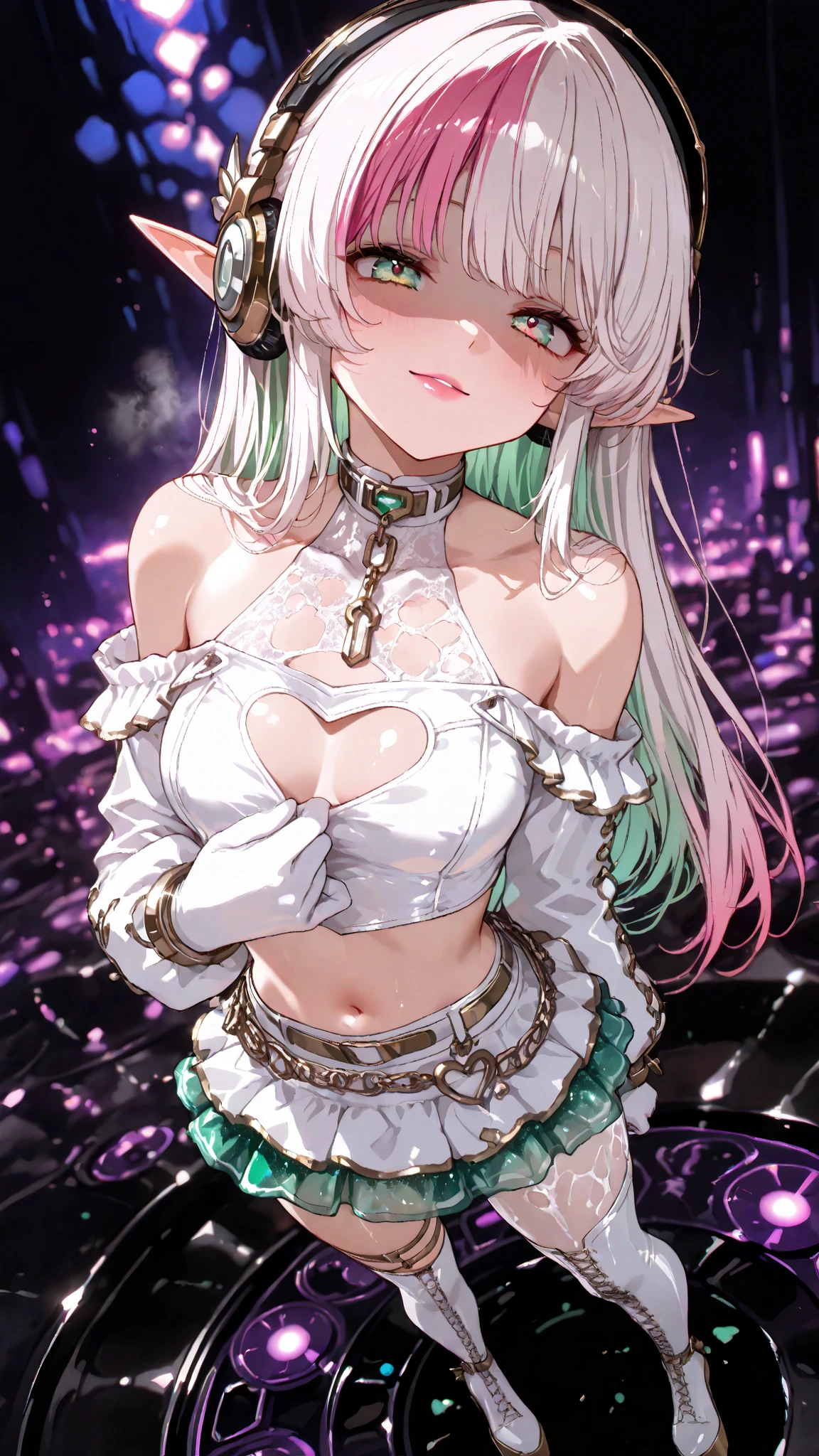 (Incredibly high resolution, masterpiece, highest quality, extremely detailed, CG, anime style), (One beautiful and alluring elf female DJ, solo: 1.5), (antique headphones, gothic, cute punk fashion, wearing a long-sleeved glossy black leather jacket over a black corset, ruffled red A-line multi-layered tiered mini skirt, red latex knee-high socks with garter belts, red high platform boots with heels, black leather choker), (dark pink straight hair, pink bangs, pink dyed hair, emerald green eyes, half-closed drooping eyes, pink lips, shaded face, collarbone, pointed ears hidden by headphones, perfect female proportions), (alluring smile, sensual pose, expression mixed with enchantment and fascination, passionate breath), (dark atmosphere background,  cutout, dark mood, blurred background, purple lighting, purple mist), (dynamic angle, full body image, standing pose)