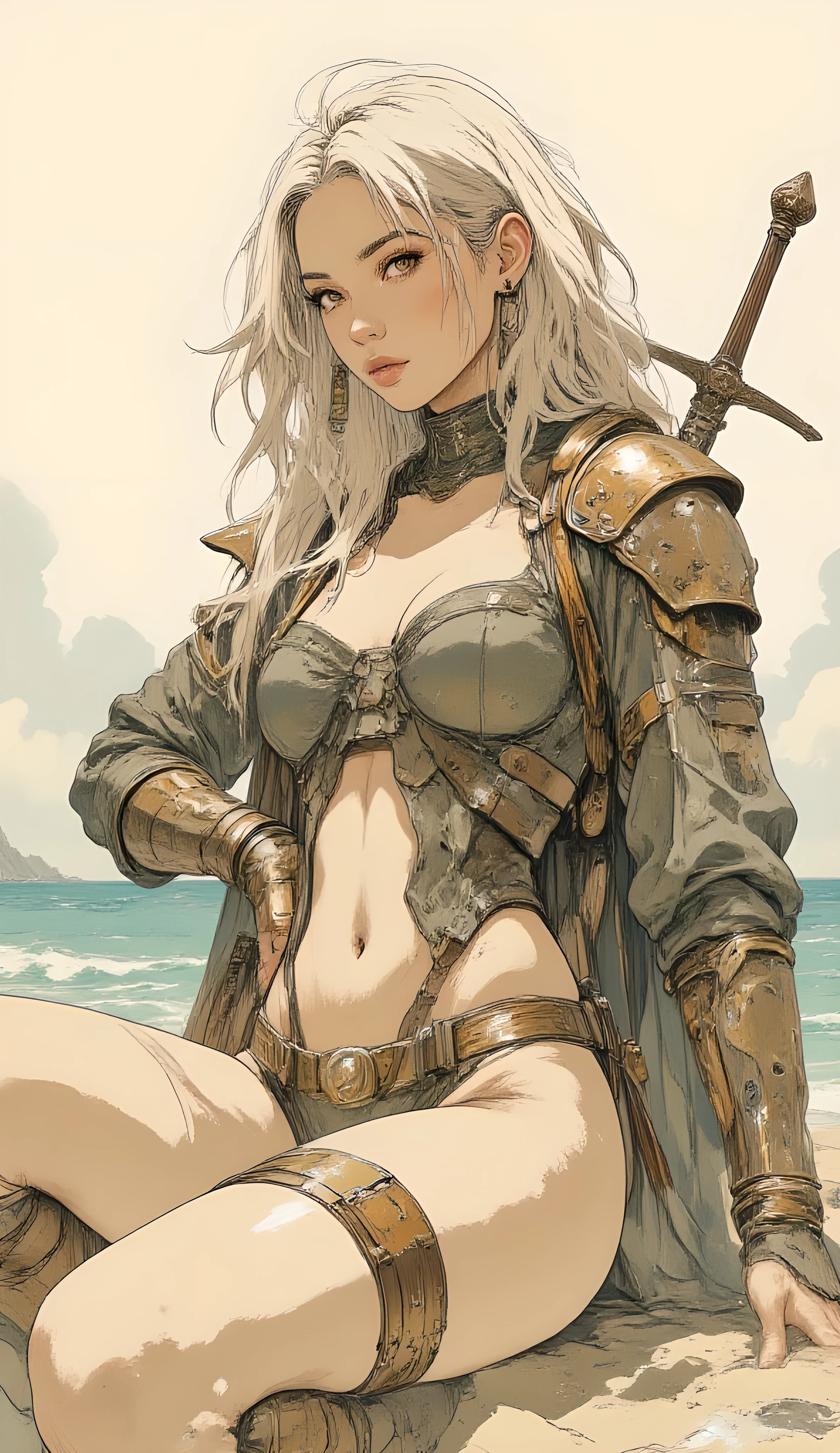 Light pastel color.
Detailed and intricate digital painting, stile pittorico, high quality, art by Total Art AI, soft lighting, studio lighting.
A highly detailed, photorealistic pencil drawing of:
  a woman in a bikini and sword sitting on the beach, a sexy blonde warrior, female viking, bikini armour, bikini armor, bikini-armor, ornate bikini armor, blonde goddess, norse goddess, very beautiful female barbarian, a very beautiful berserker woman, warrior girl, viking style, amazon warrior, norse warrior, warrior princess, bikini armor female knight