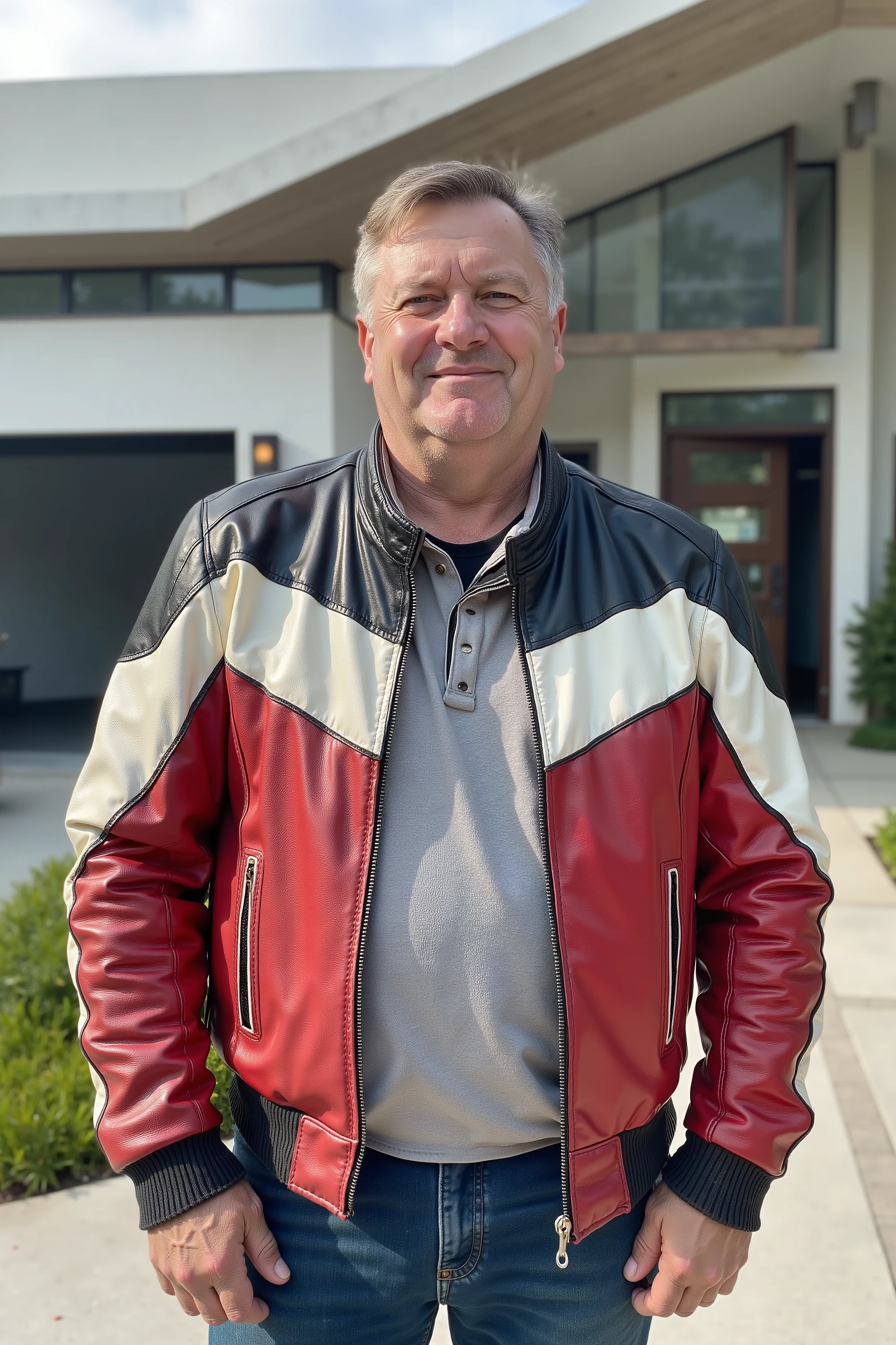 a 58 year old 280 pound man with light wrinkling of the skin, wearing a 1970swornbluwhtcfrcrjkt red and white cafe racer 1970s era jacketm standing outside of a modern futuristic house in a rich neighborhood